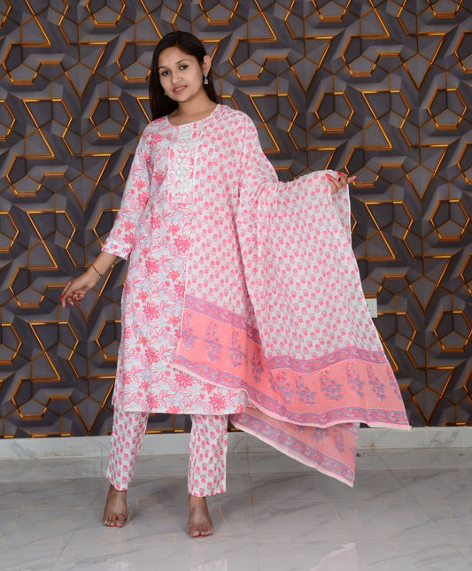 Pink Printed Cotton Embroidery Work Straight Kurti And Pant with Cotton Dupatta Set