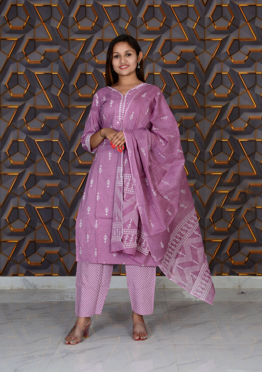 Pink Printed Cotton Embroidery Work Straight Kurti And Pant with Cotton Dupatta Set