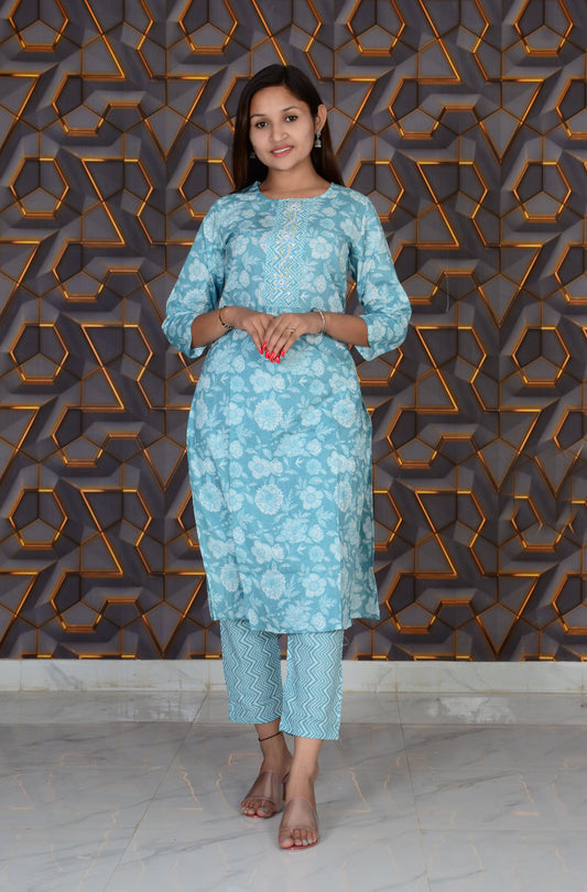 SkyBlue Cotton Fabric Printed Embroidery Work Kurti And Pant Set