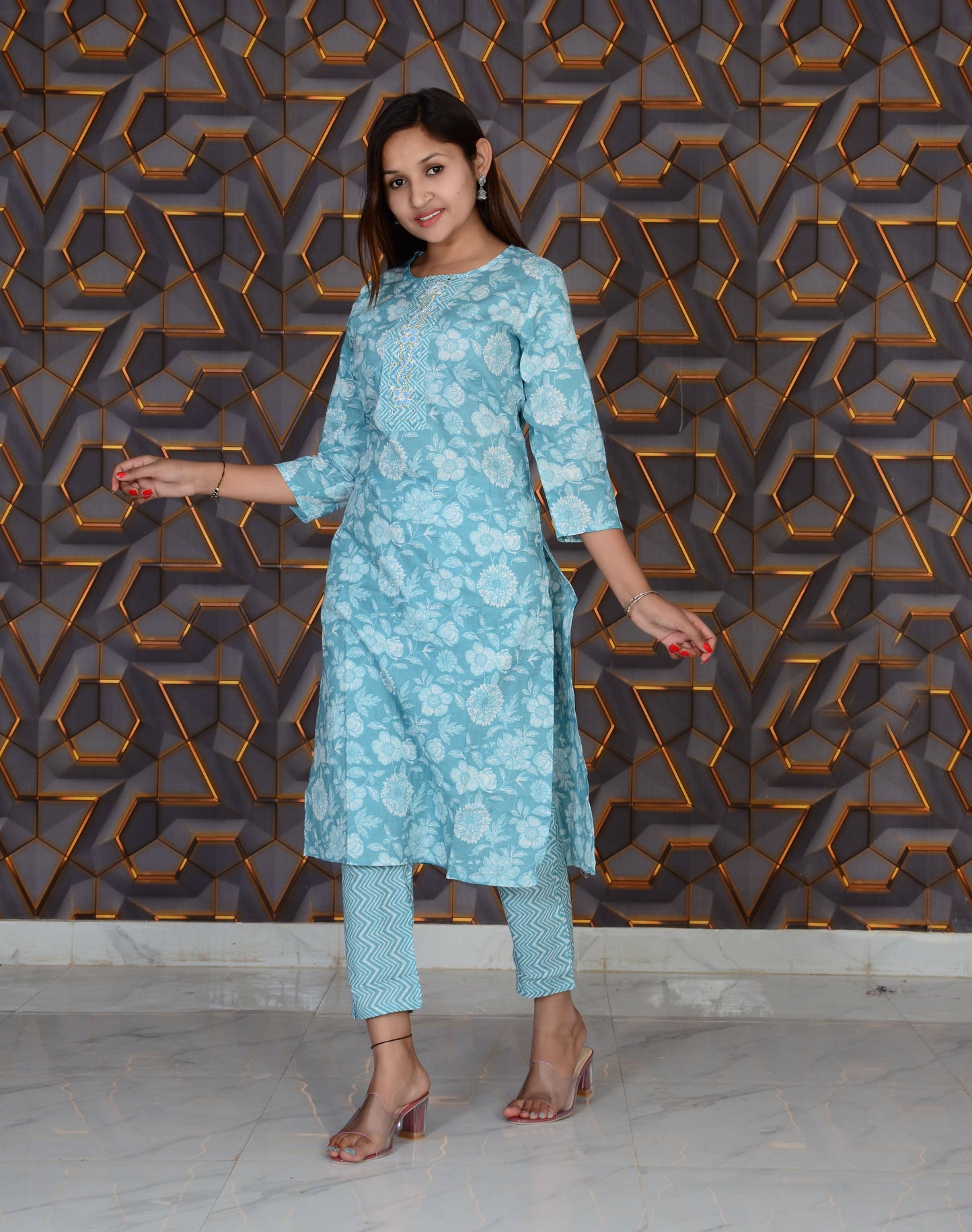 SkyBlue Cotton Fabric Printed Embroidery Work Kurti And Pant Set