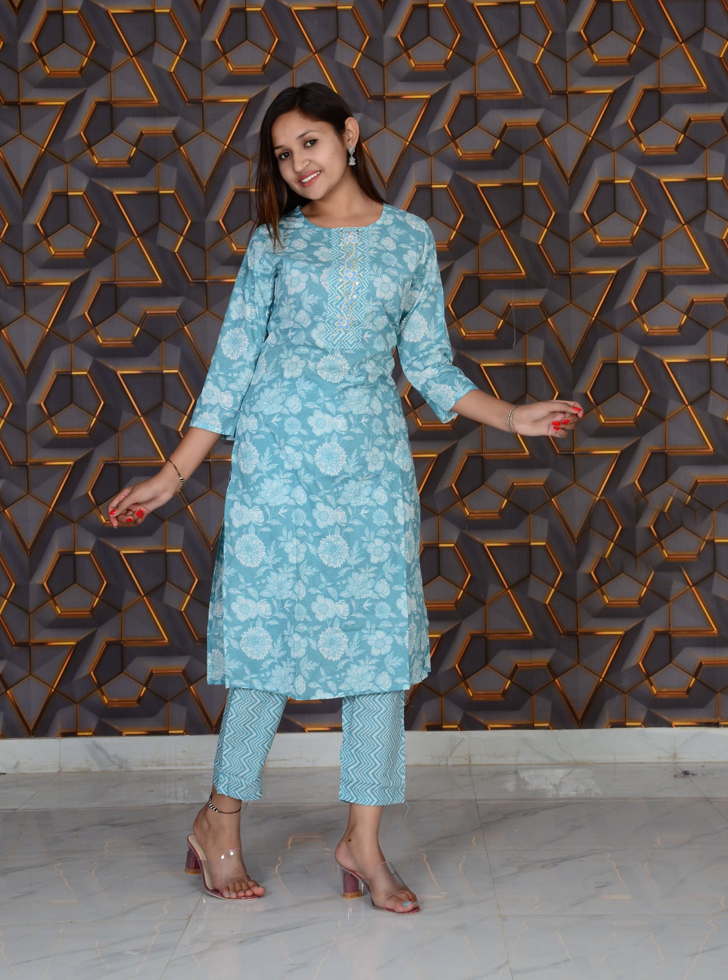SkyBlue Cotton Fabric Printed Embroidery Work Kurti And Pant Set