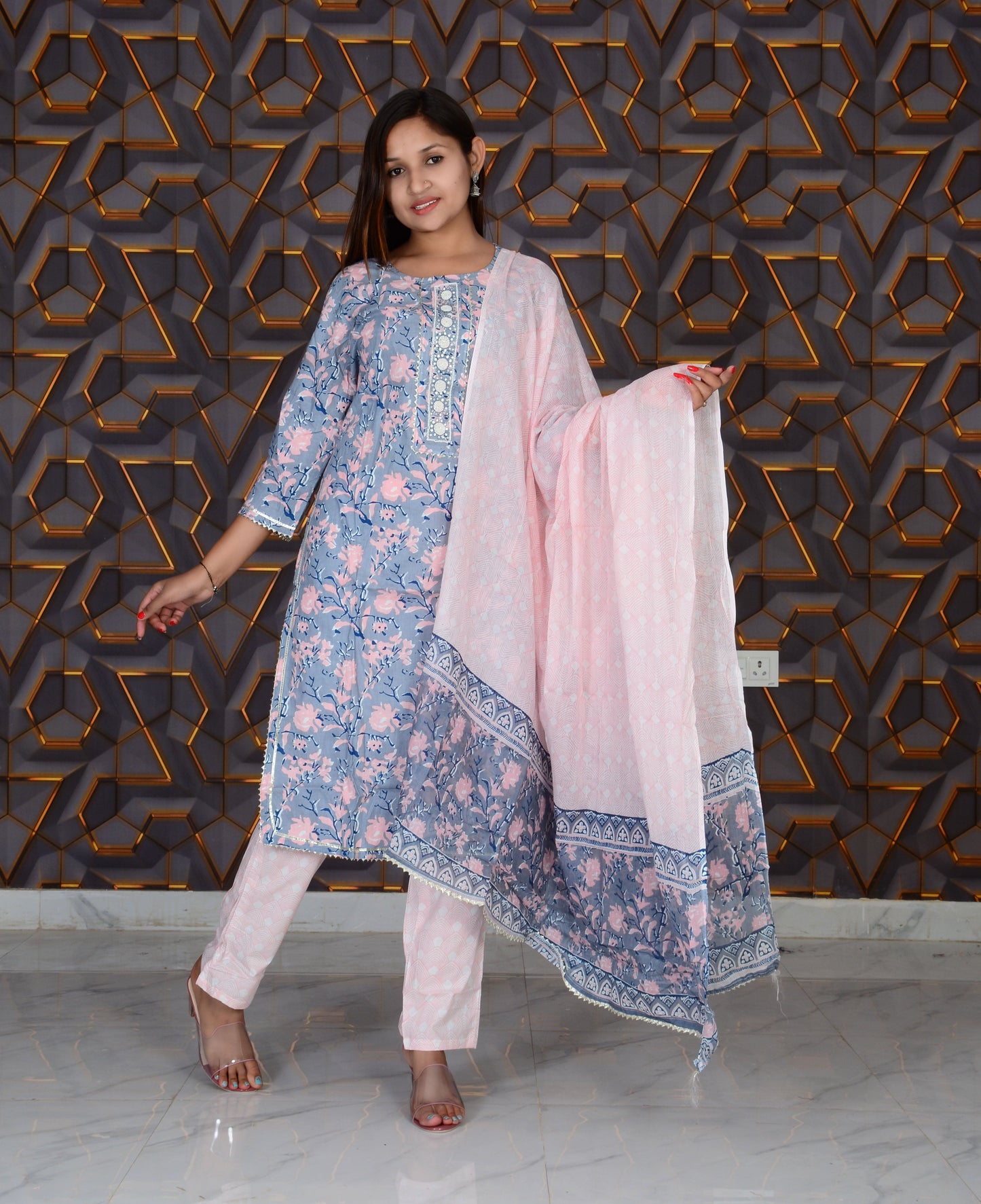 Printed Cotton Embroidery Work Straight Kurti And Pant with Cotton Dupatta Set