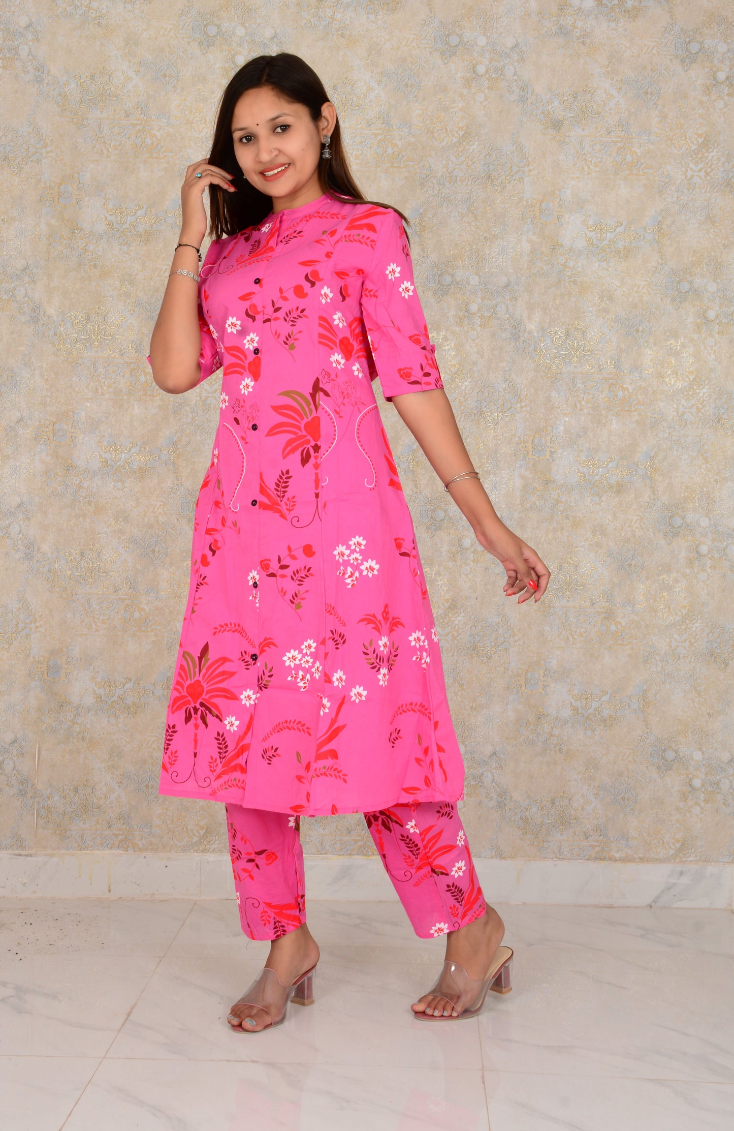 Pink Cotton Fabric Floral  Printed A-line  Kurti  And Pant Set