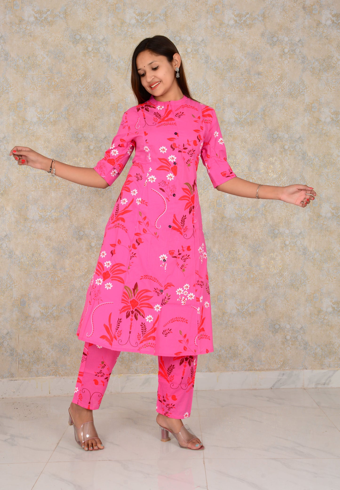 Pink Cotton Fabric Floral  Printed A-line  Kurti  And Pant Set