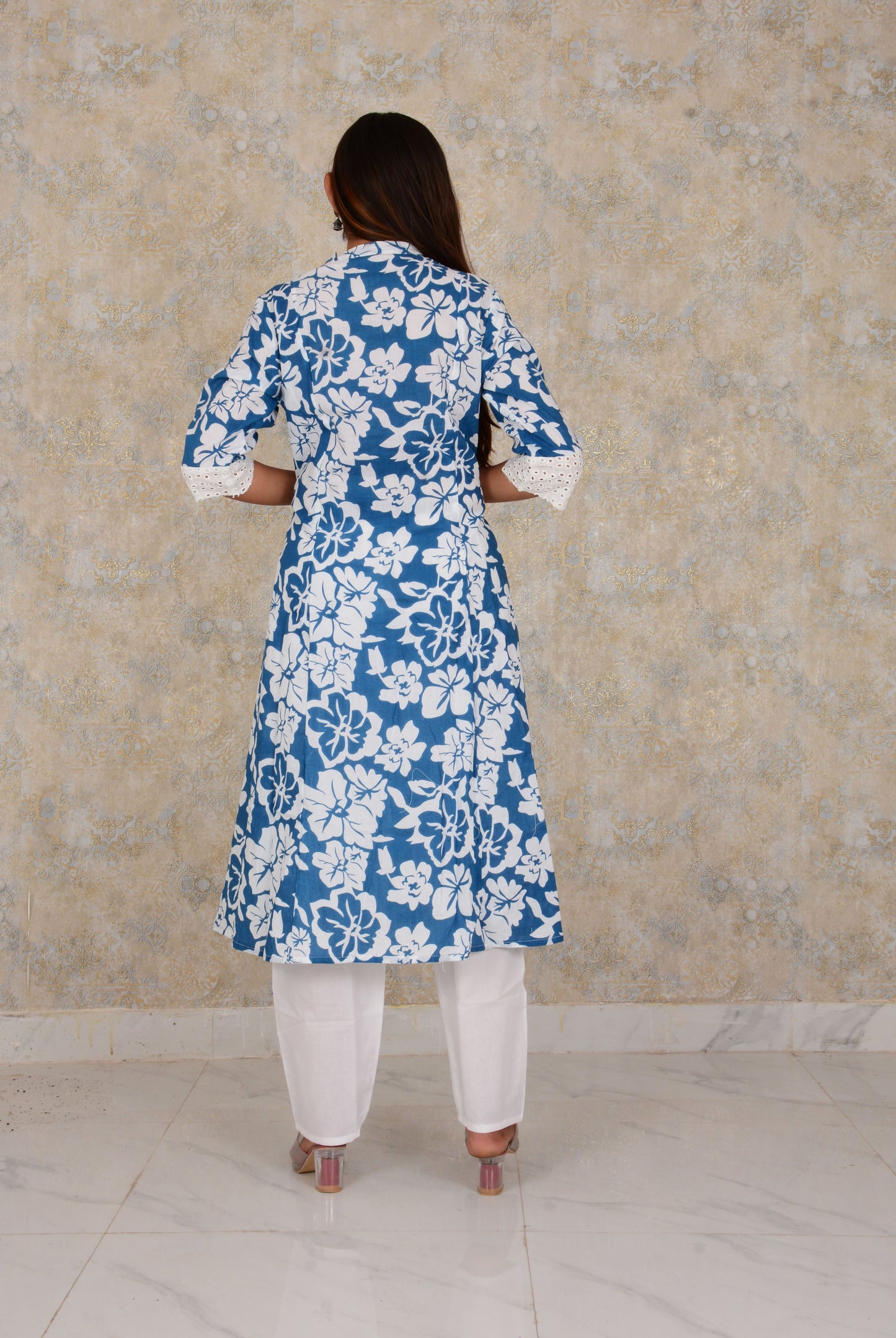 Blue Cotton Fabric Floral  Printed A-line  Kurti  And Pant Set