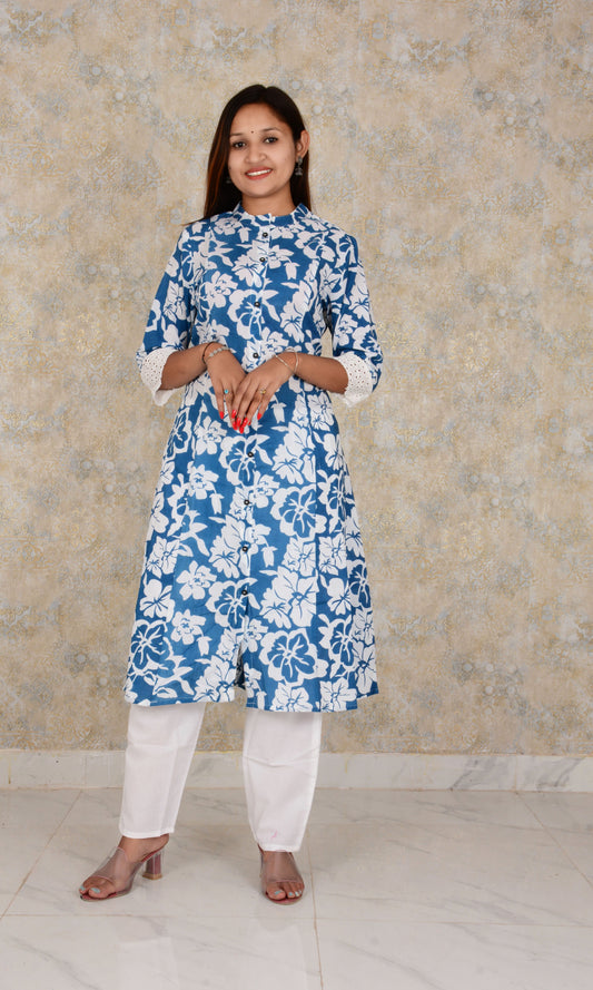 Blue Cotton Fabric Floral  Printed A-line  Kurti  And Pant Set