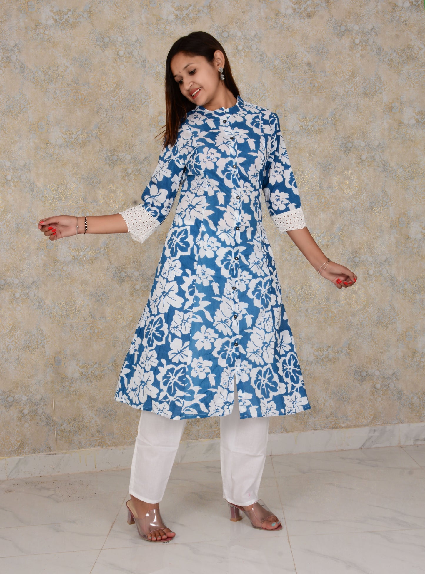 Blue Cotton Fabric Floral  Printed A-line  Kurti  And Pant Set