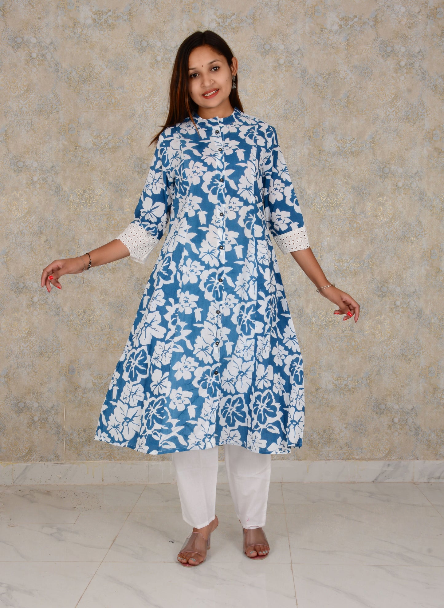 Blue Cotton Fabric Floral  Printed A-line  Kurti  And Pant Set