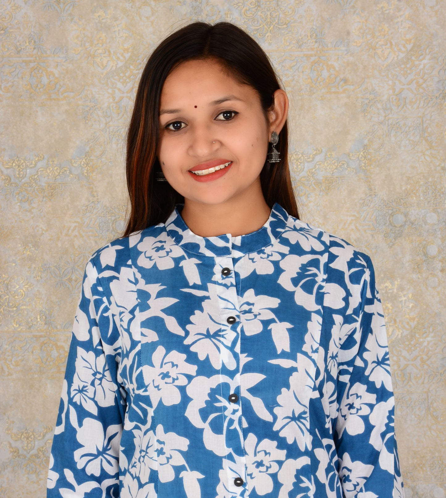 Blue Cotton Fabric Floral  Printed A-line  Kurti  And Pant Set