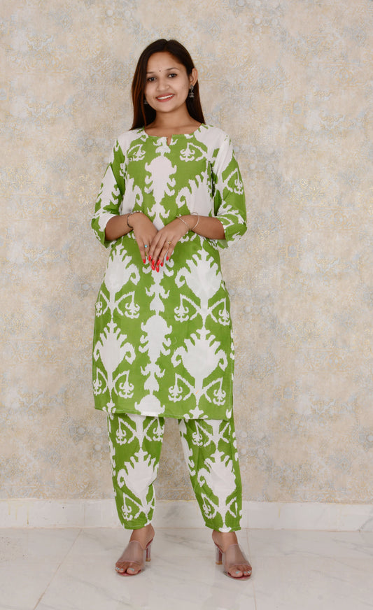 Green Cotton Fabric Printed Kurti And Printed Pant Set