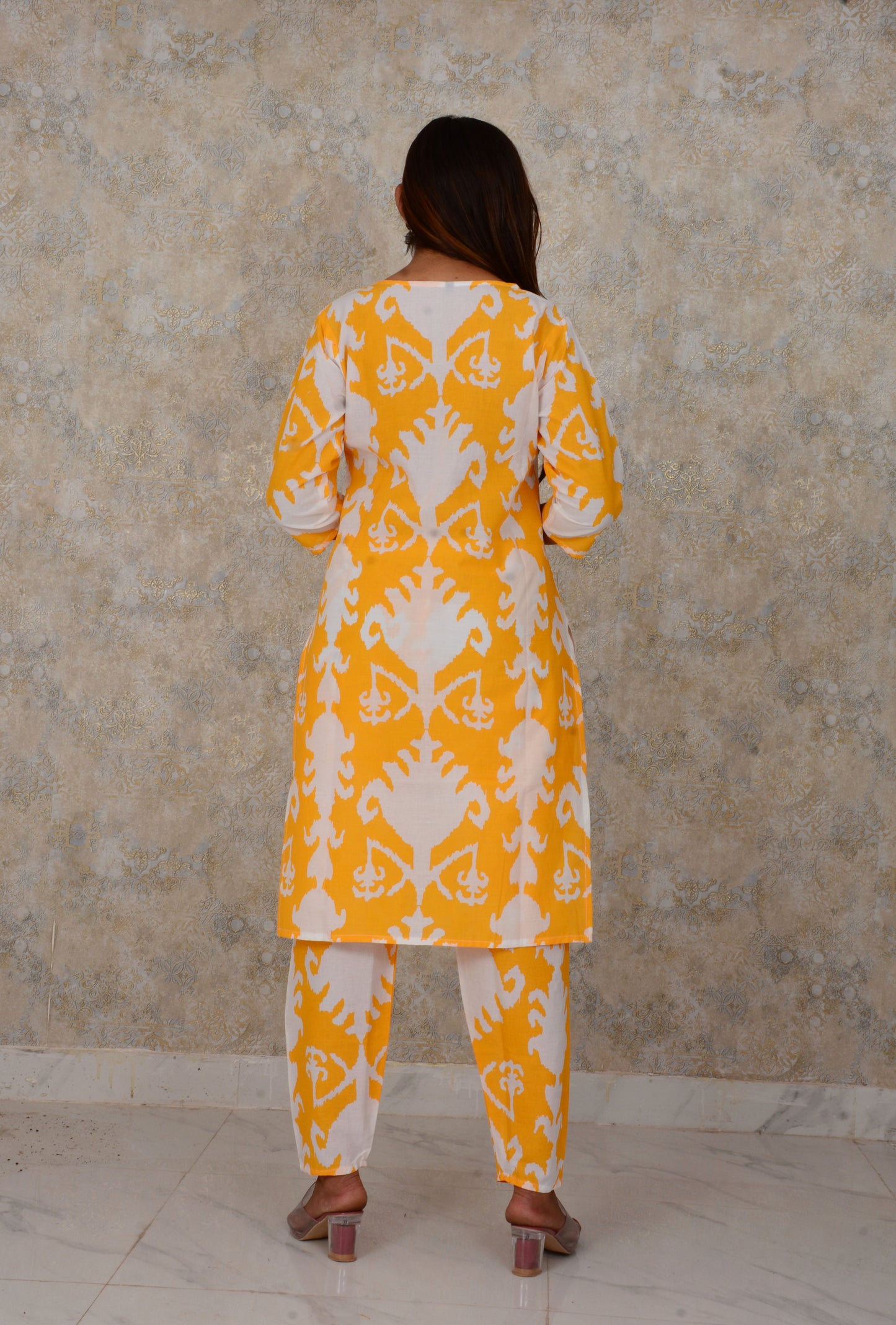 Yellow Cotton Fabric Printed Kurti And Printed Pant Set