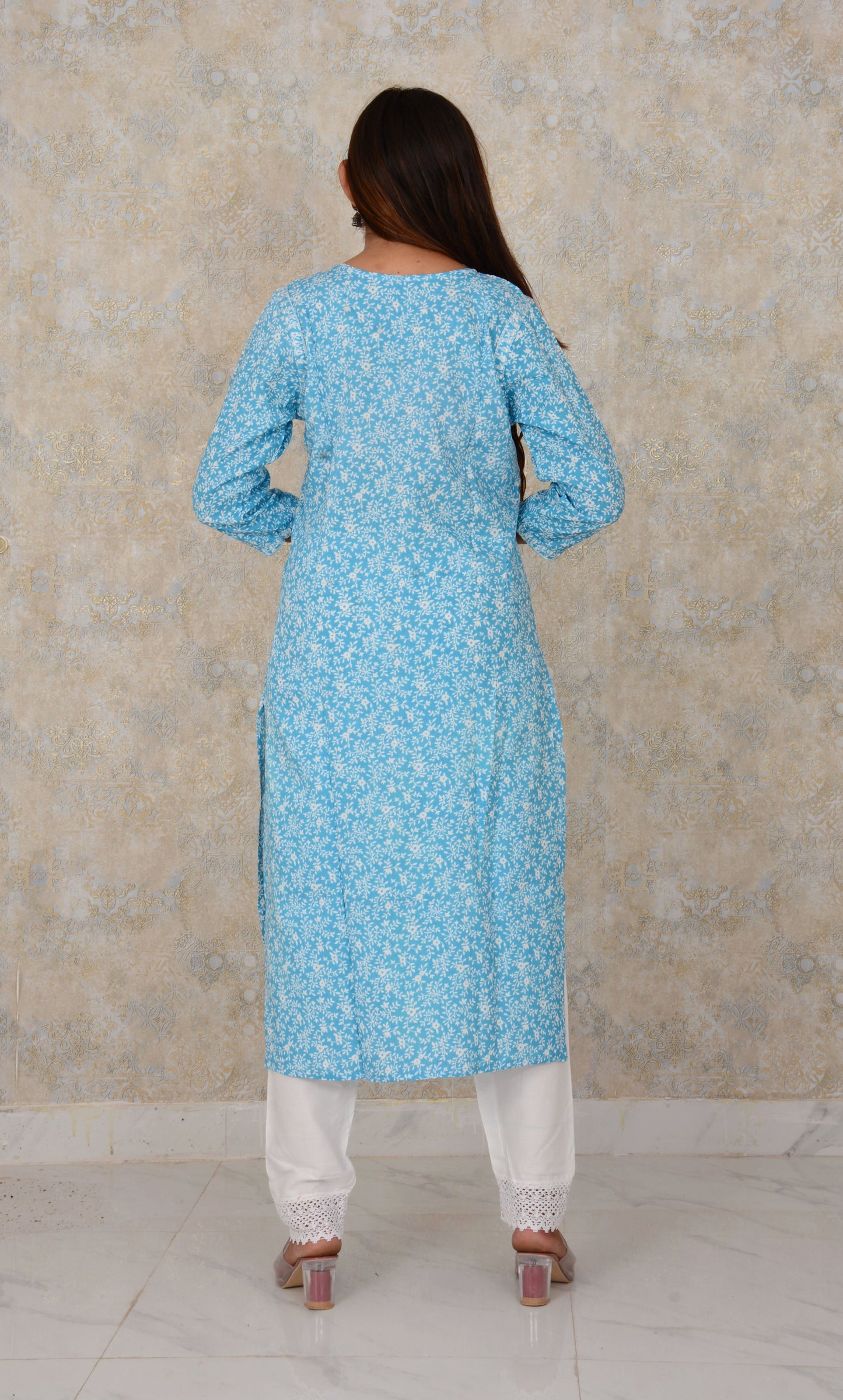 Skyblue Embroidery Work Rayon Straight Kurti And Pant Set