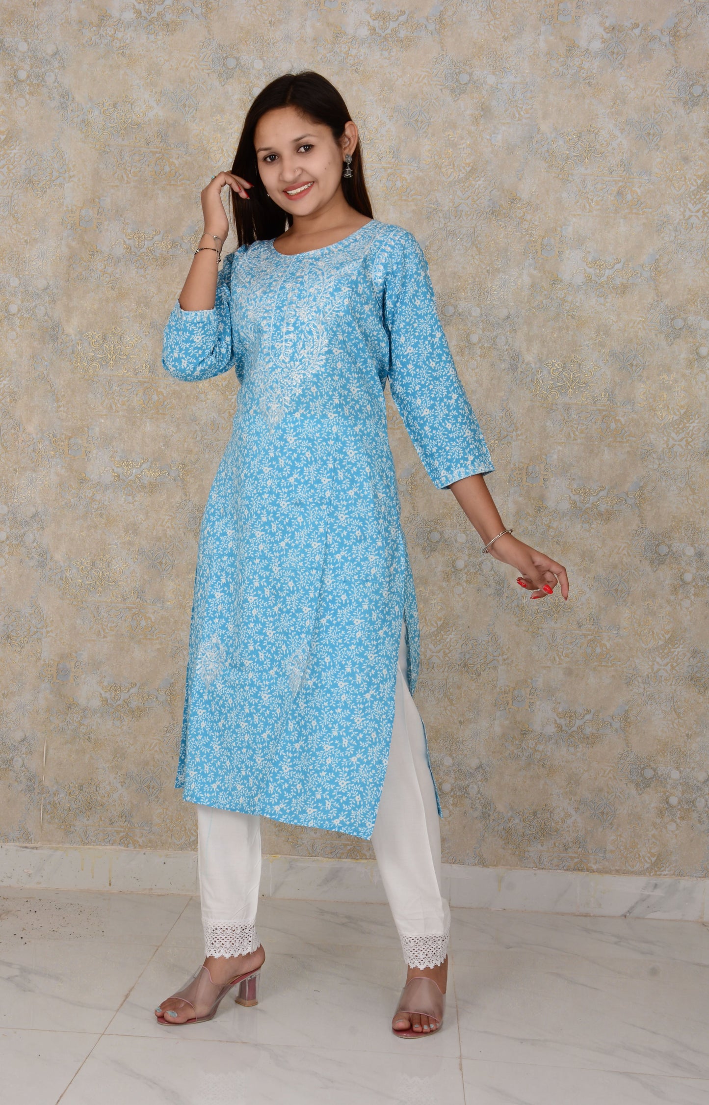 Skyblue Embroidery Work Rayon Straight Kurti And Pant Set