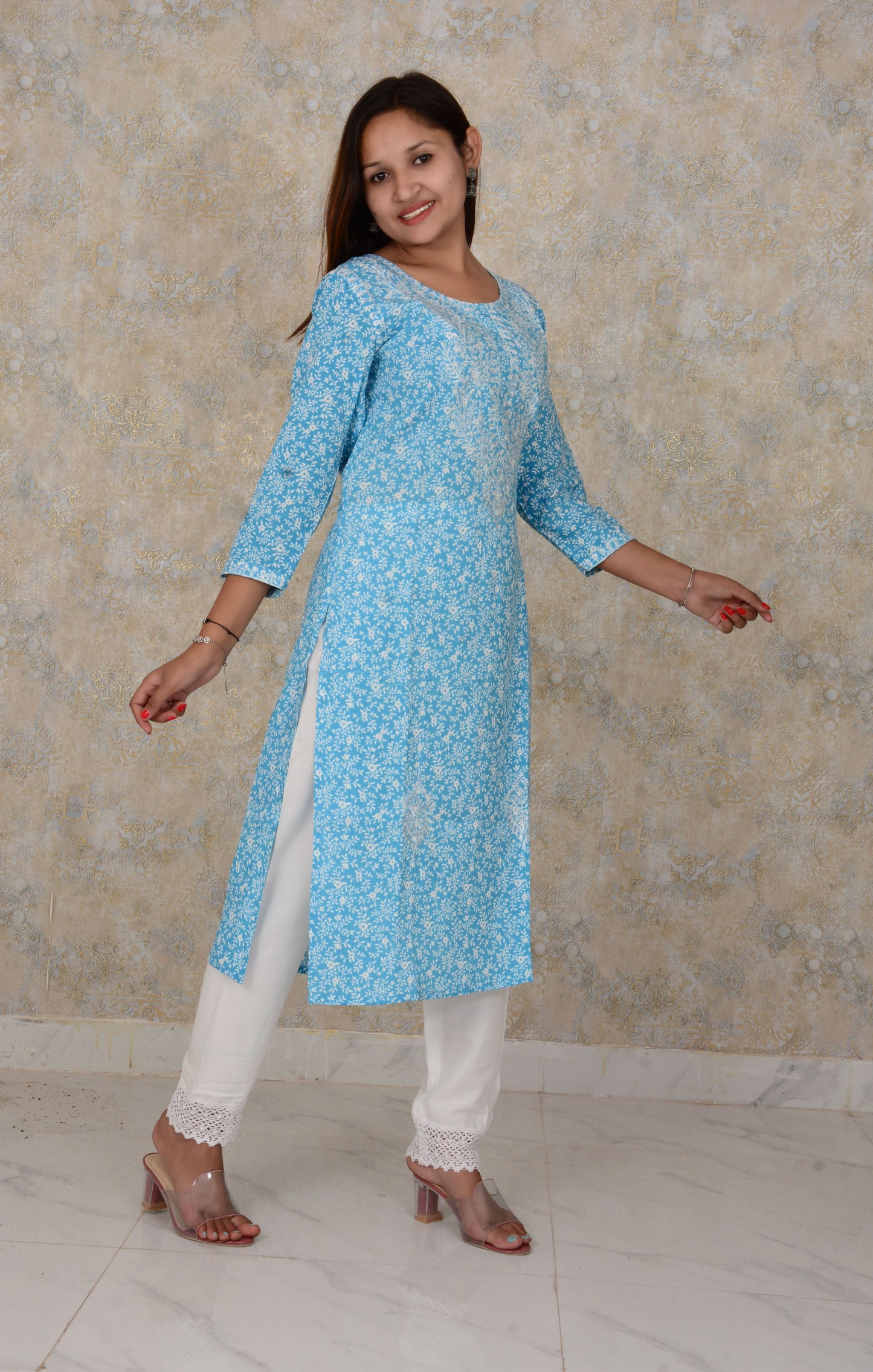 Skyblue Embroidery Work Rayon Straight Kurti And Pant Set