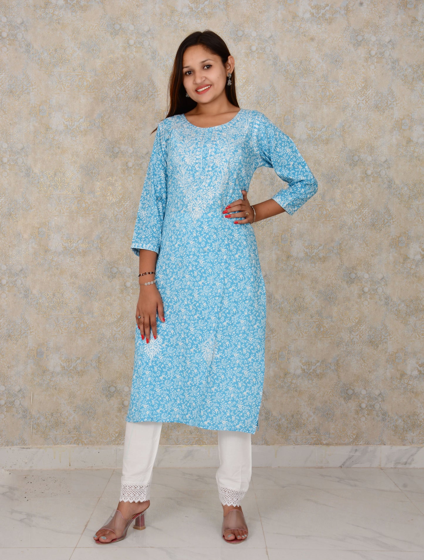 Skyblue Embroidery Work Rayon Straight Kurti And Pant Set