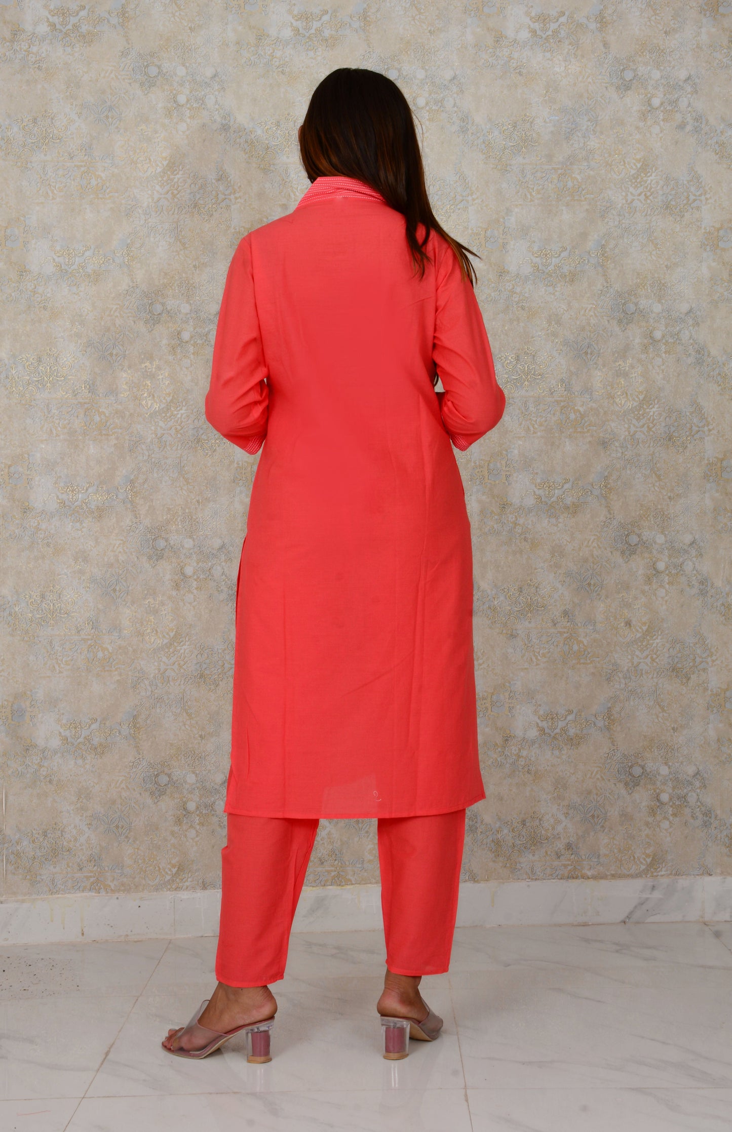 Red Embroidery Work Rayon Straight Kurti And Pant Set