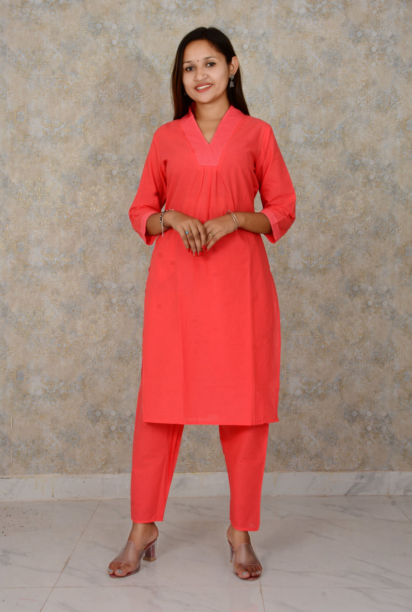 Red Embroidery Work Rayon Straight Kurti And Pant Set