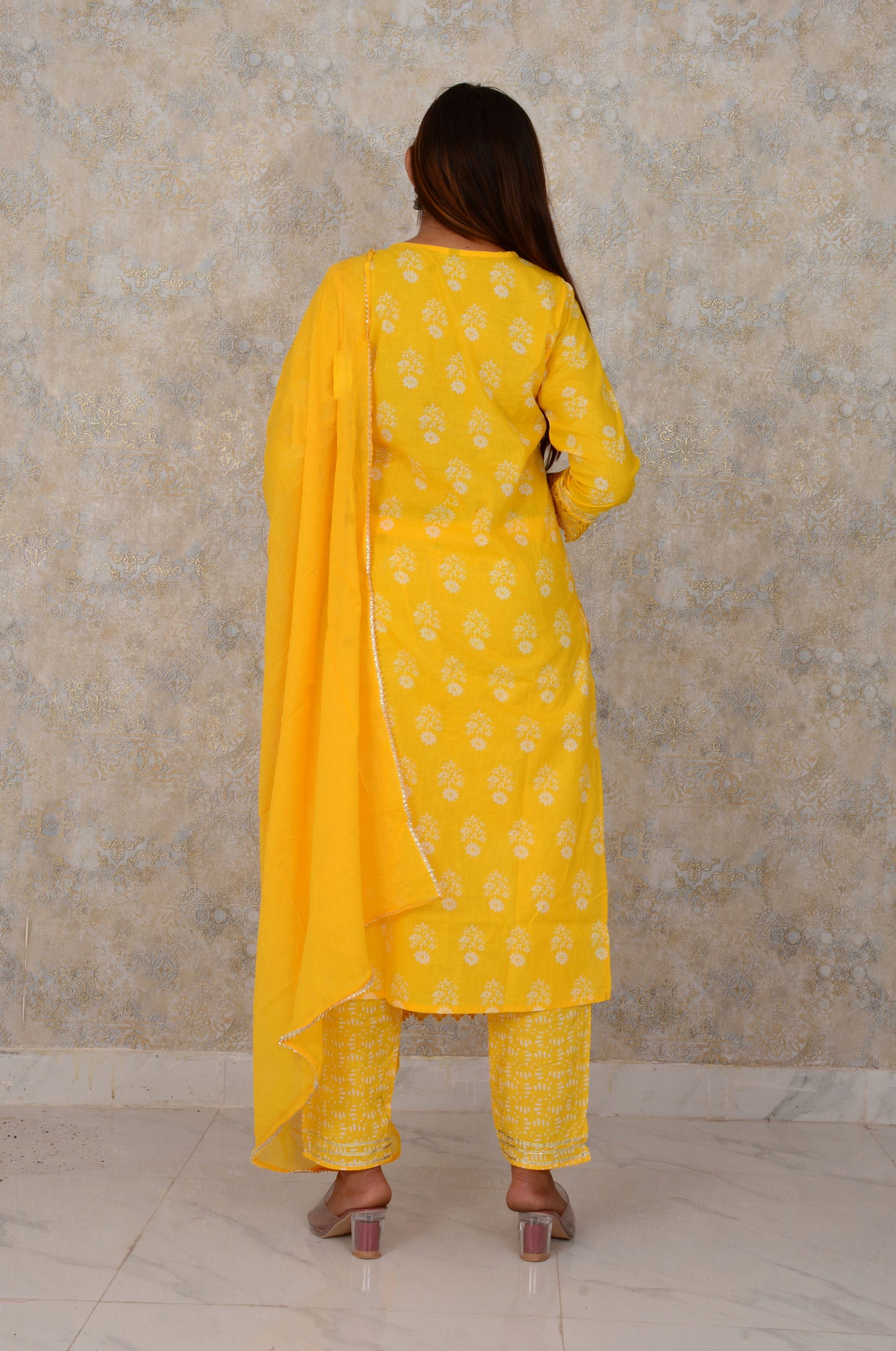 Yellow Printed Cotton Embroidery Work Straight Kurti And Pant with Cotton Dupatta Set