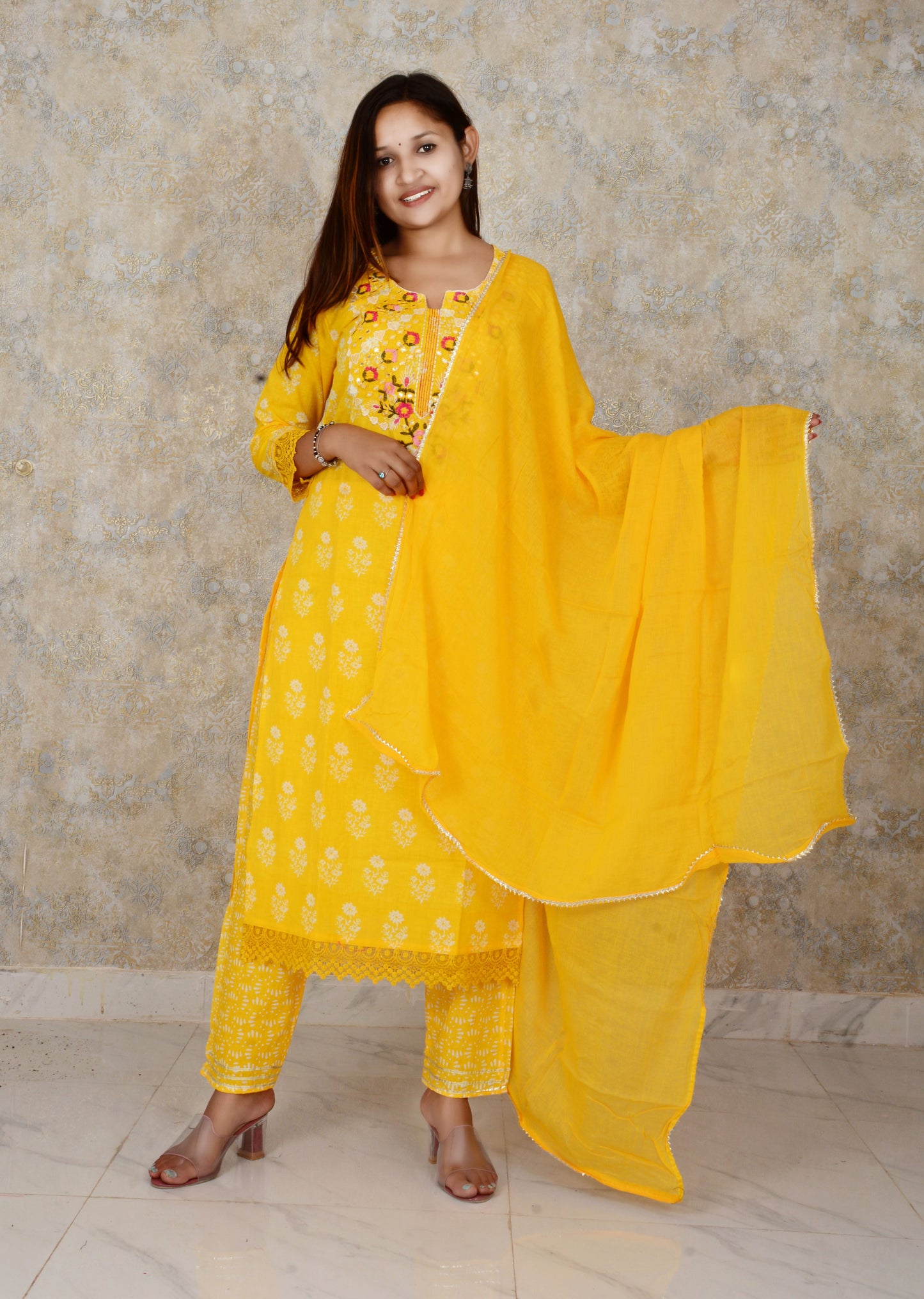 Yellow Printed Cotton Embroidery Work Straight Kurti And Pant with Cotton Dupatta Set