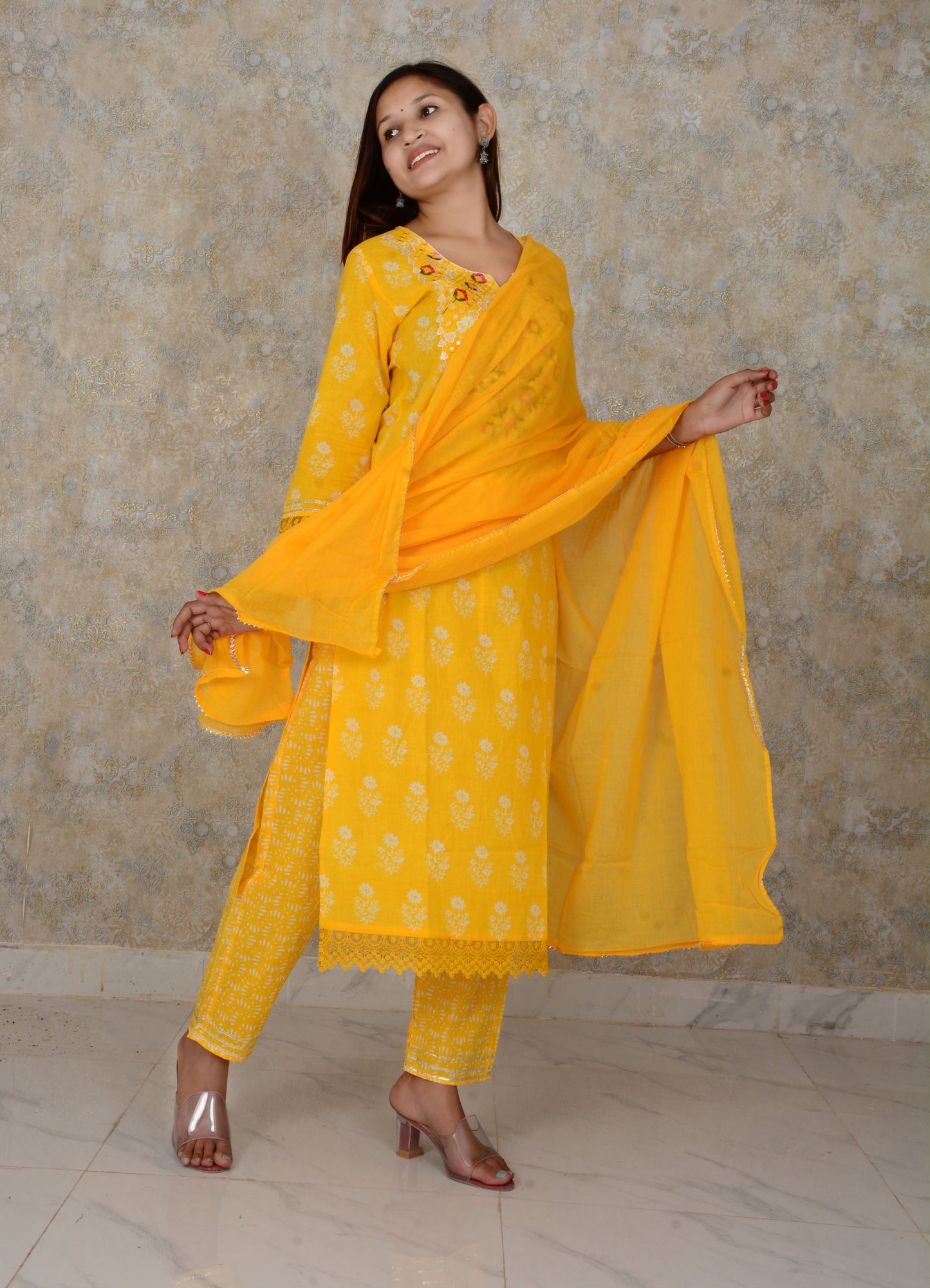 Yellow Printed Cotton Embroidery Work Straight Kurti And Pant with Cotton Dupatta Set