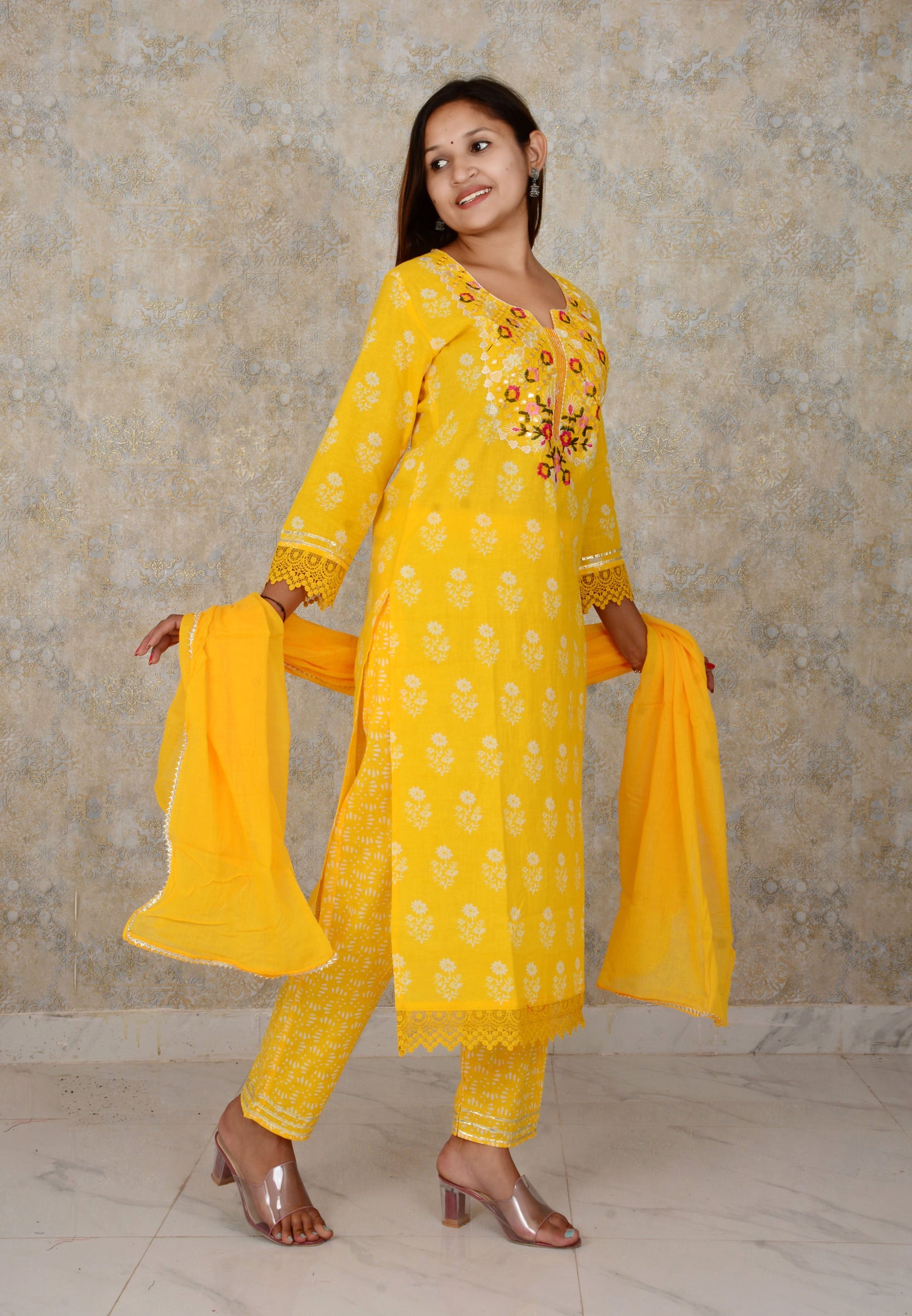 Yellow Printed Cotton Embroidery Work Straight Kurti And Pant with Cotton Dupatta Set