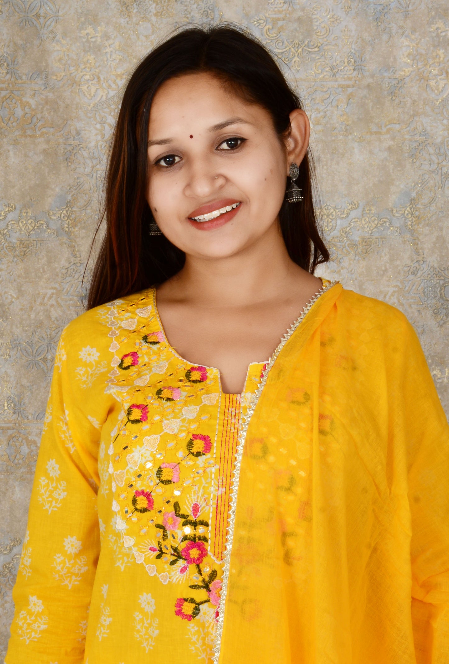 Yellow Printed Cotton Embroidery Work Straight Kurti And Pant with Cotton Dupatta Set