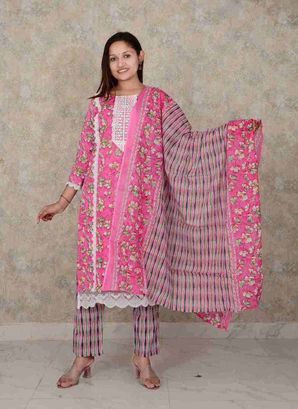 Pink Printed Cotton Embroidery Work Straight Kurti And Pant with Cotton Dupatta Set