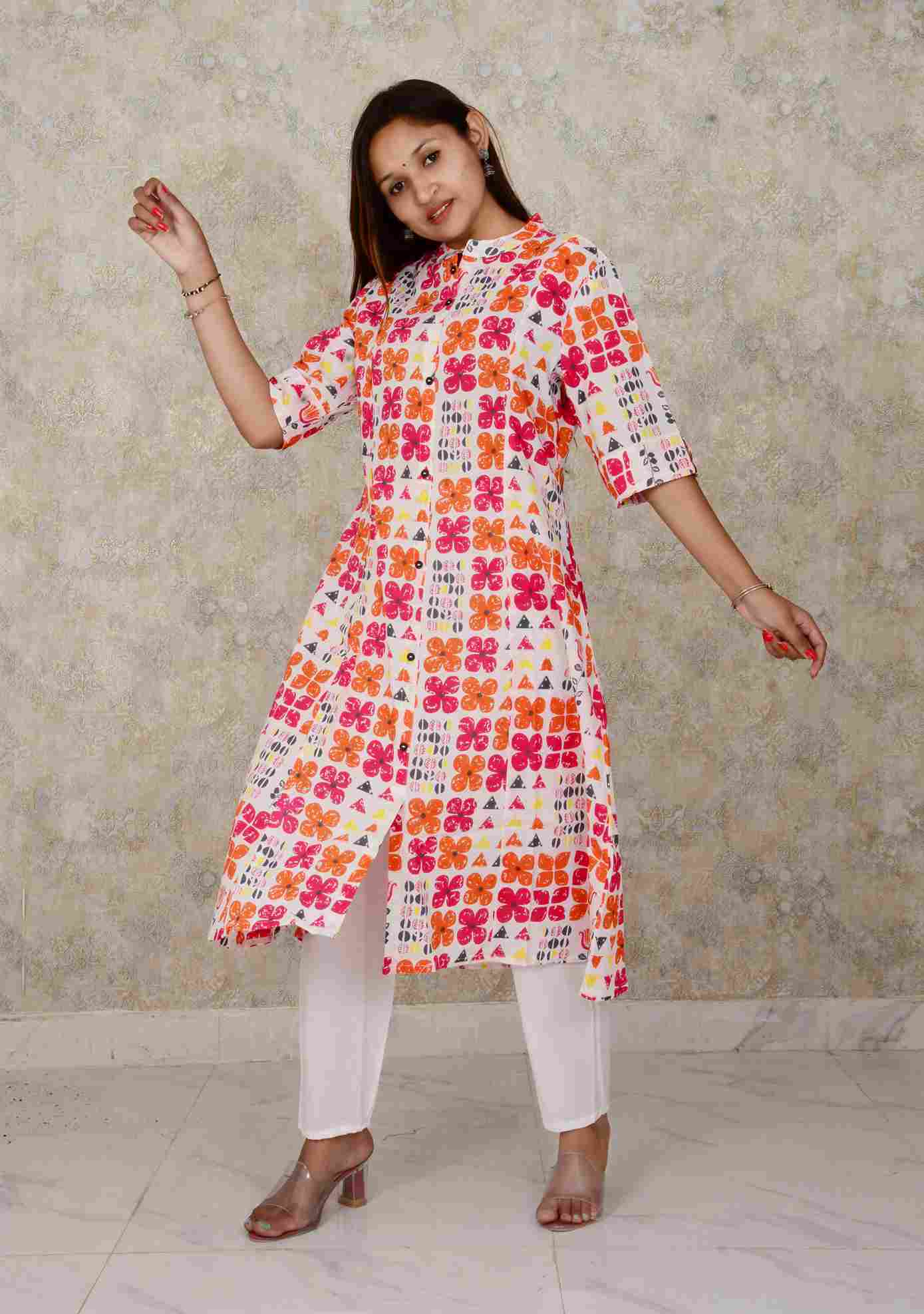 Multicolour Cotton Fabric Printed A-line  Kurti  And Pant Set