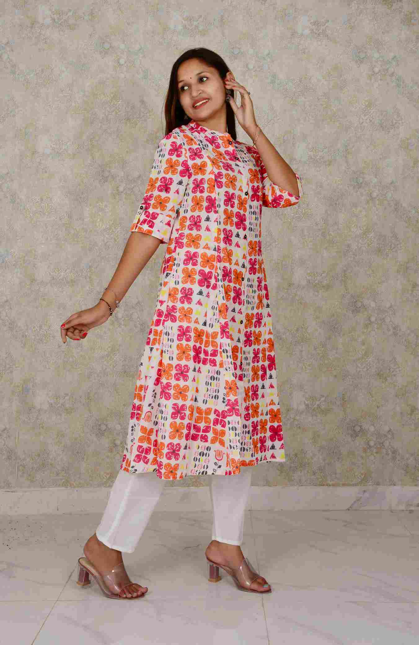 Multicolour Cotton Fabric Printed A-line  Kurti  And Pant Set