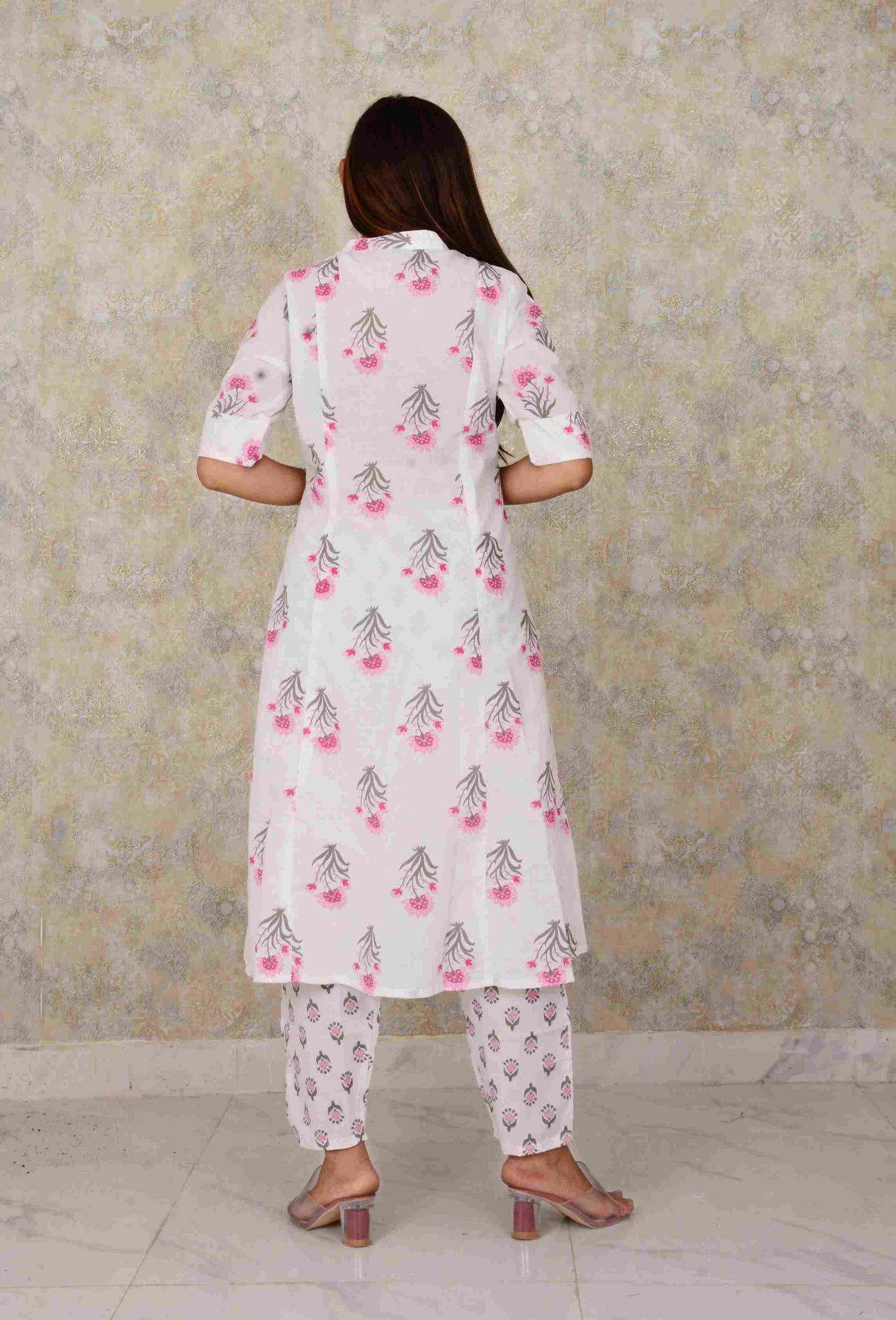Pink Cotton Fabric Floral Printed A-line  Kurti  And Pant Set
