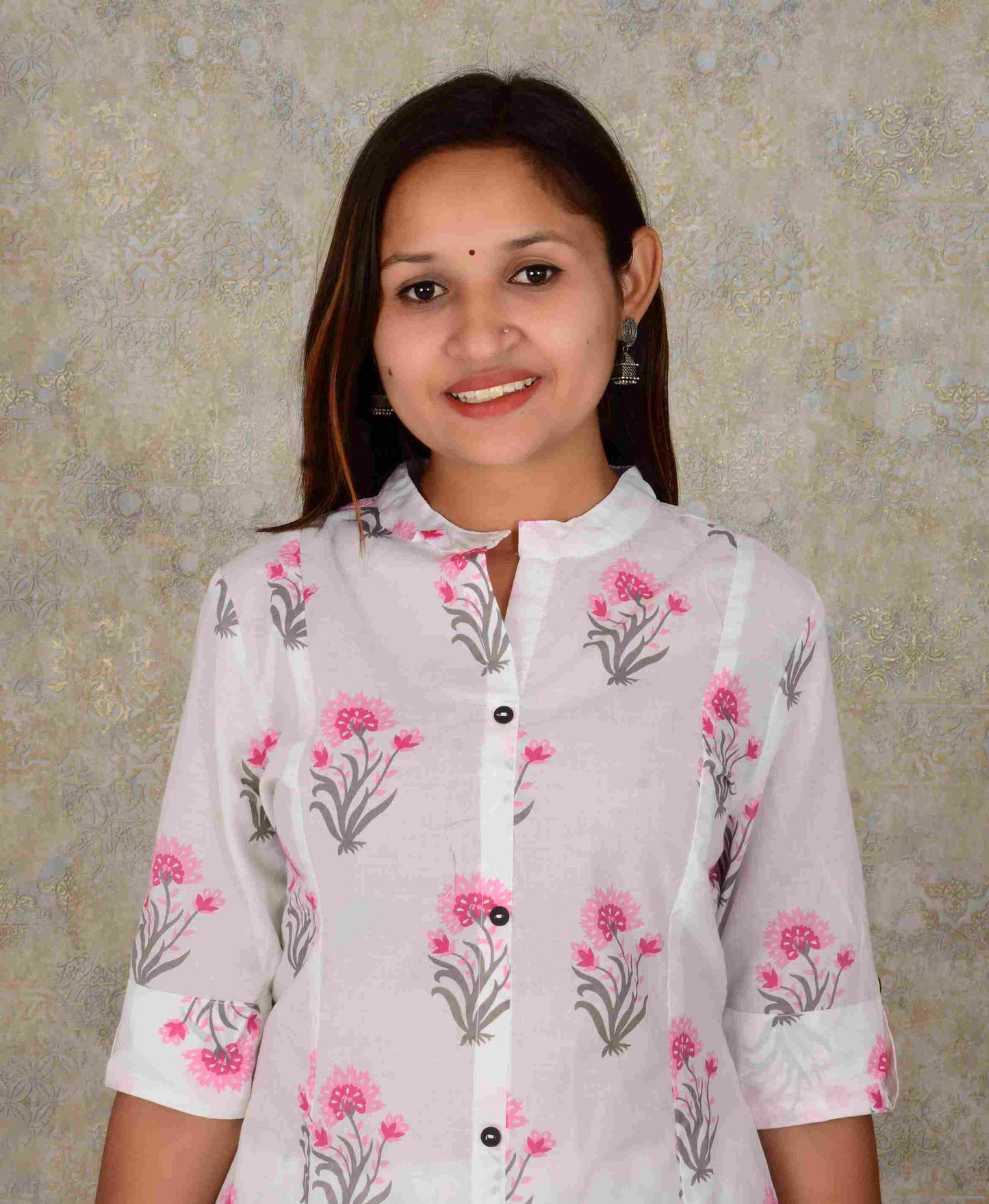 Pink Cotton Fabric Floral Printed A-line  Kurti  And Pant Set