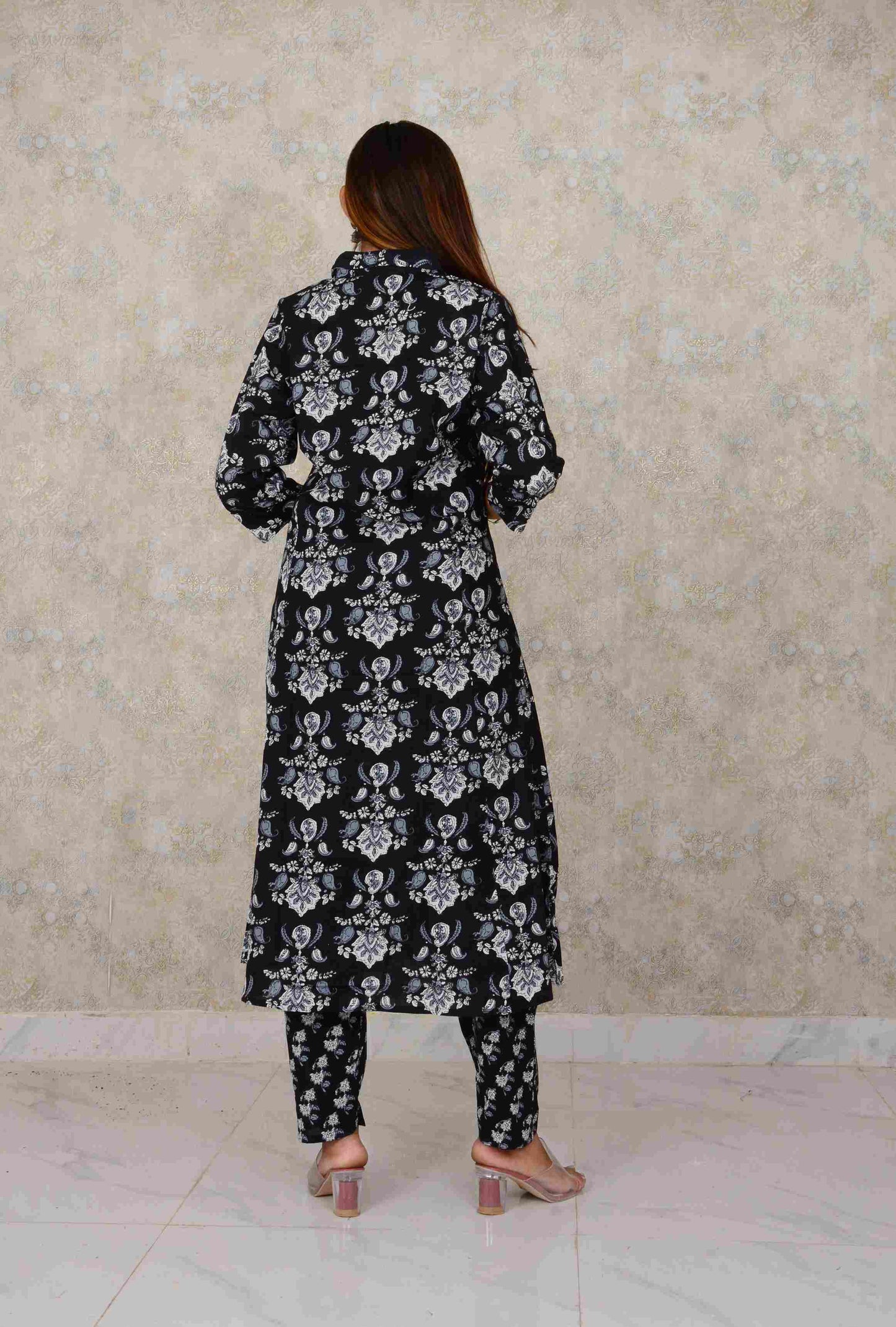 Black Cotton Fabric Printed A-line  Kurti And Printed Pant Set