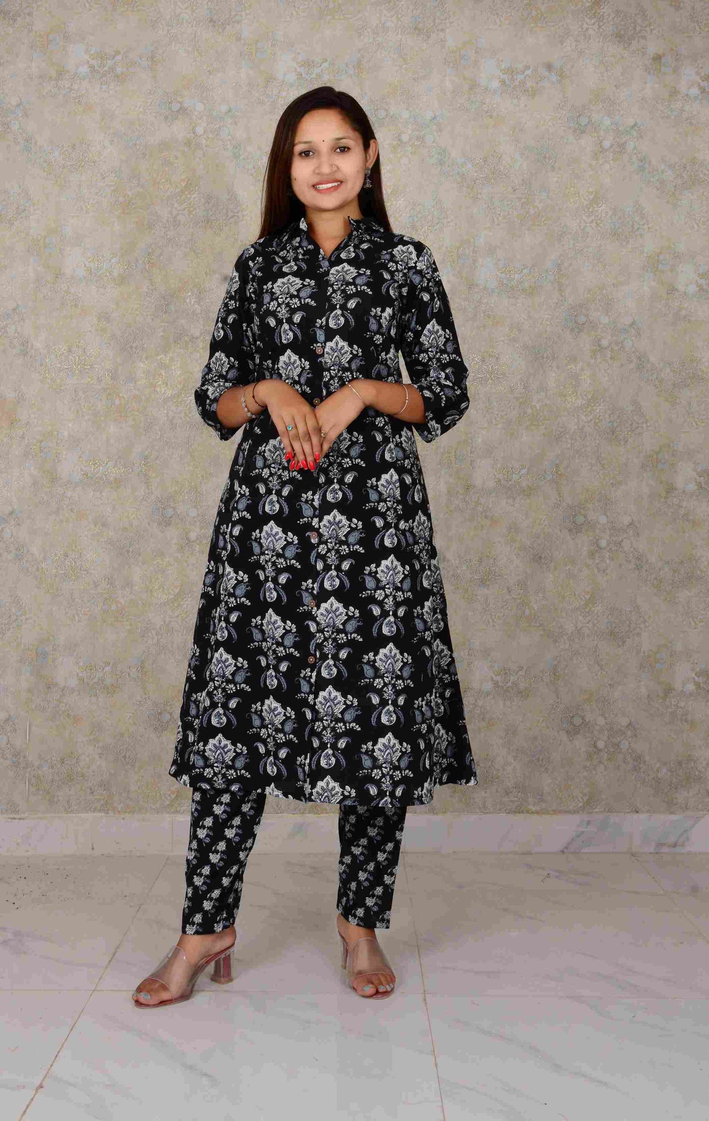 Black Cotton Fabric Printed A-line  Kurti And Printed Pant Set