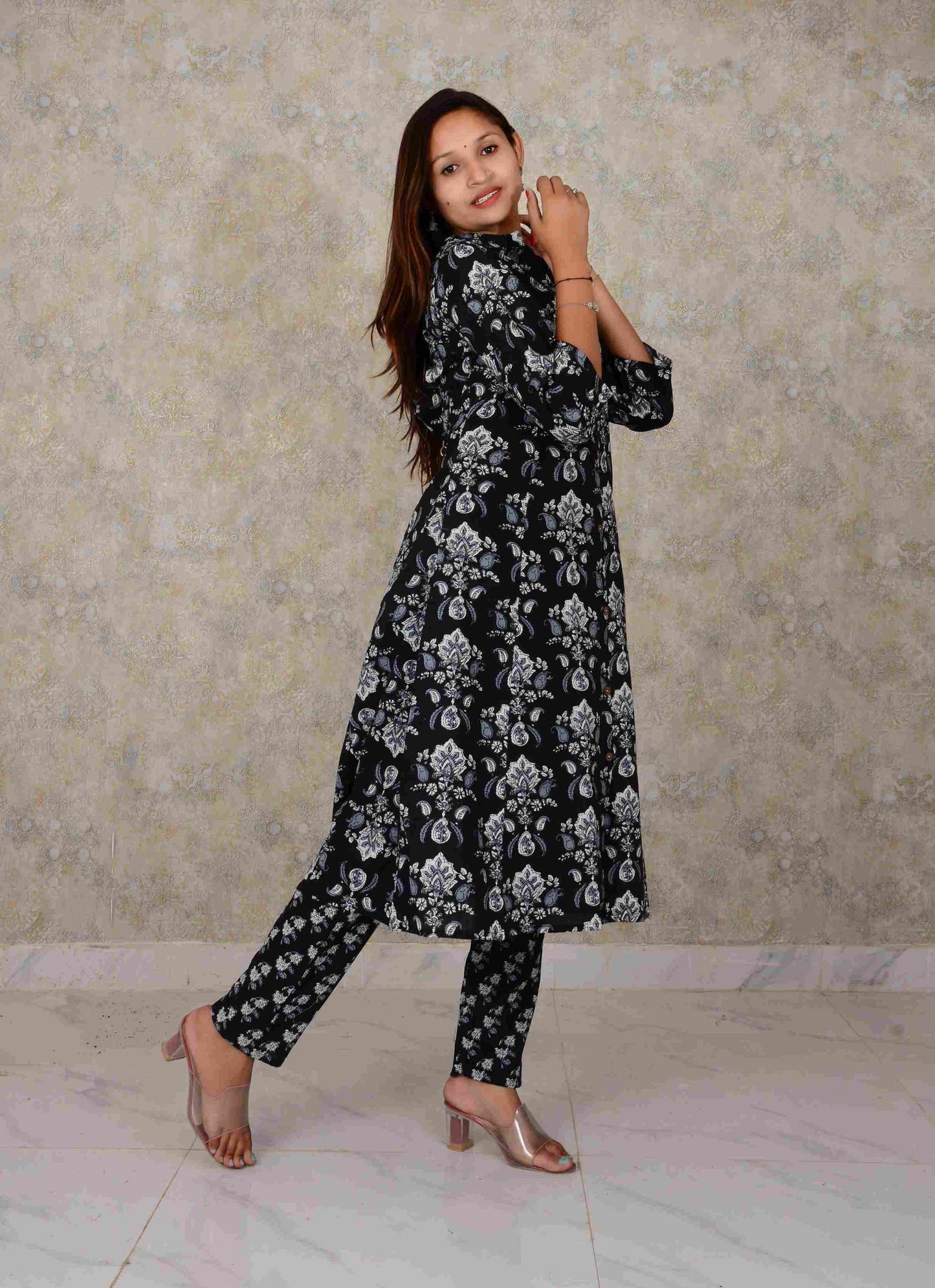 Black Cotton Fabric Printed A-line  Kurti And Printed Pant Set