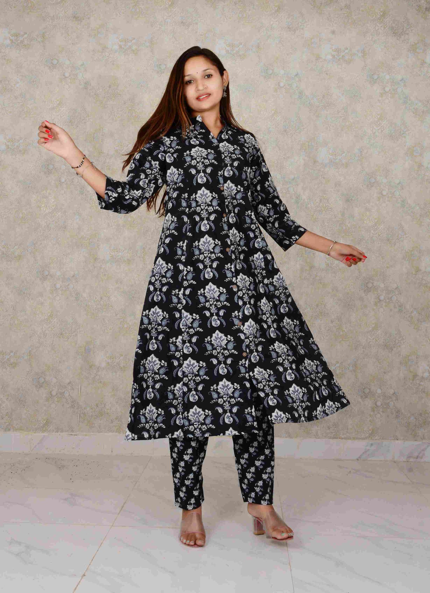 Black Cotton Fabric Printed A-line  Kurti And Printed Pant Set