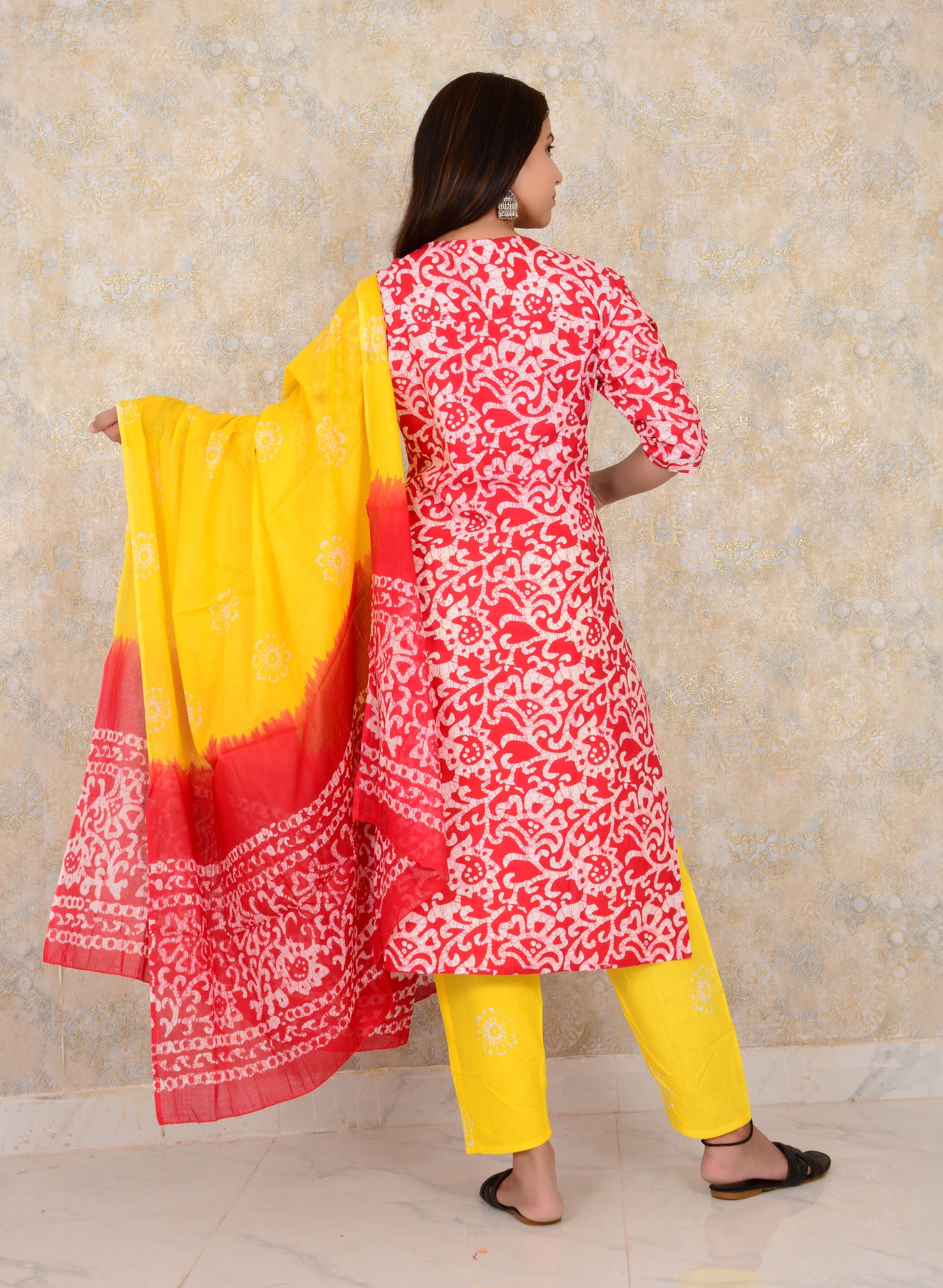 Red Printed Cotton Kurti And Pant with Mulmul Dupatta Set