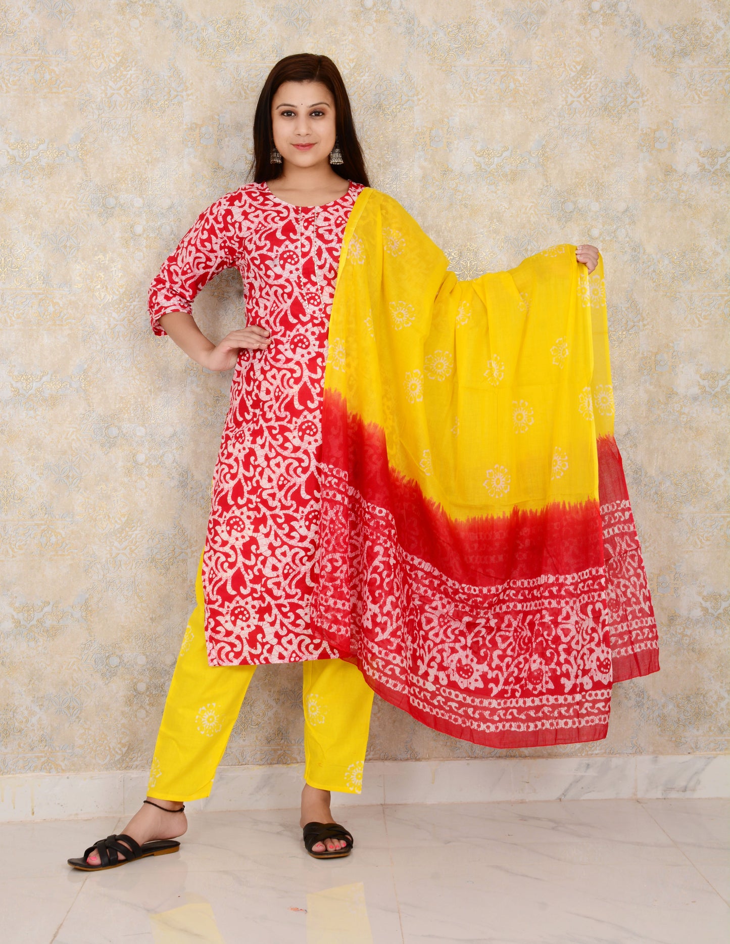 Red Printed Cotton Kurti And Pant with Mulmul Dupatta Set