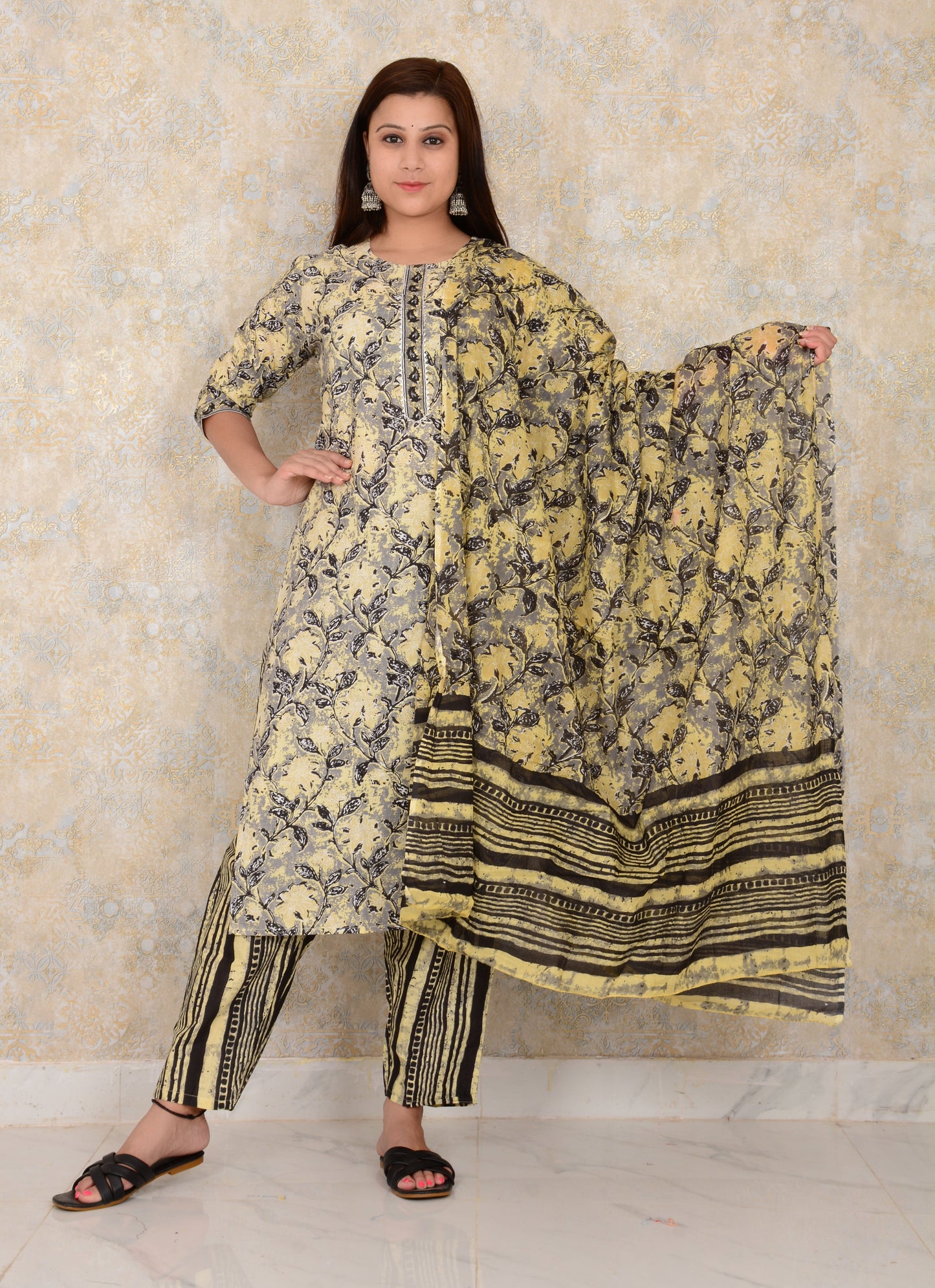 Yellow Printed Cotton Kurti And Pant with Mulmul Dupatta Set