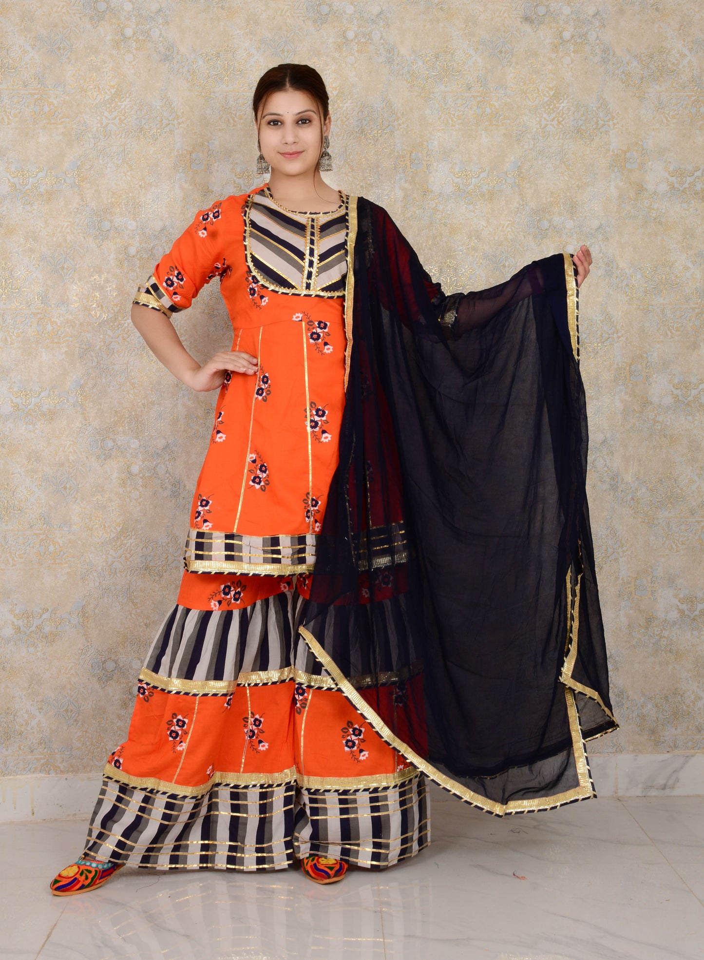 Orange Printed Rayon Embroidery Work Kurti And Sharara with Chiffon Dupatta Set