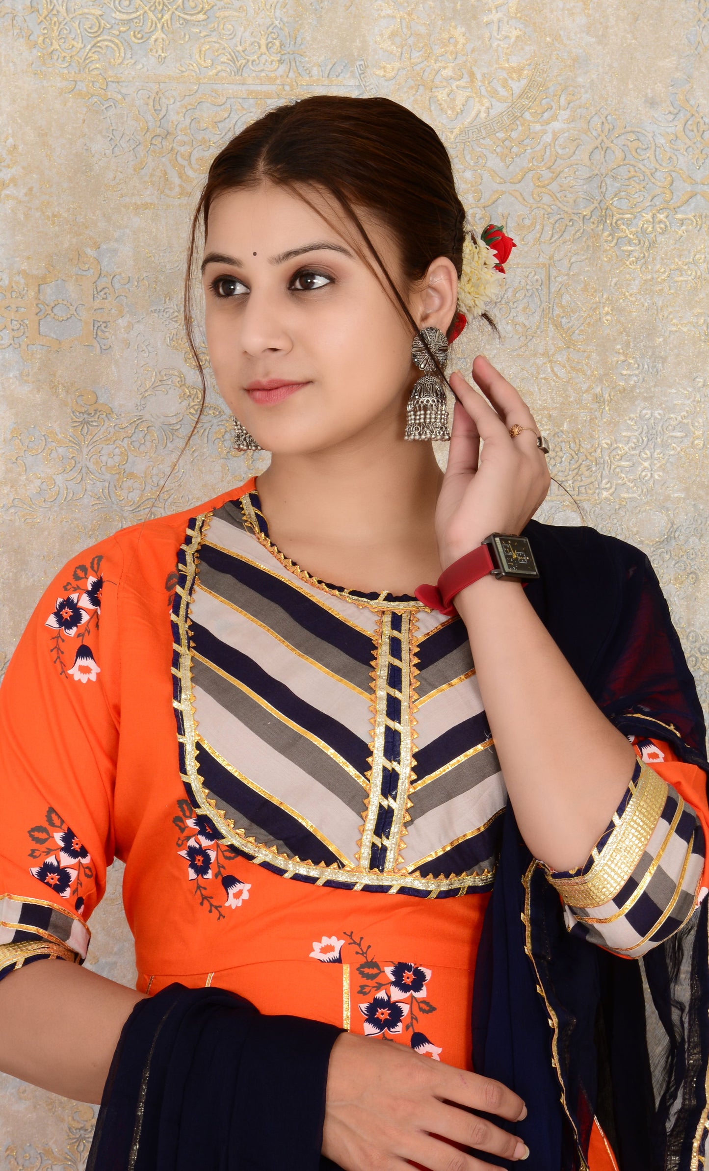 Orange Printed Rayon Embroidery Work Kurti And Sharara with Chiffon Dupatta Set