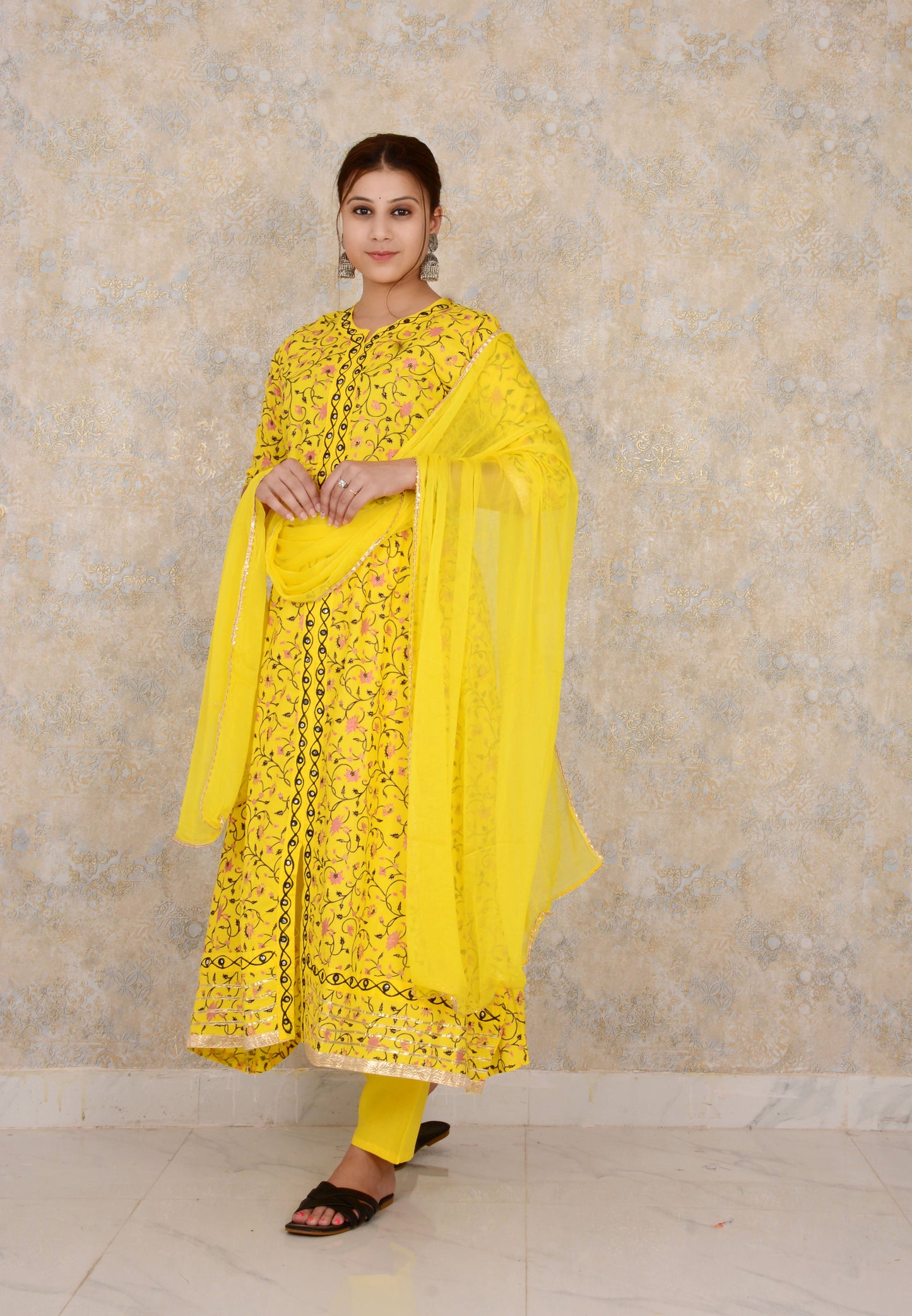 Yellow Embroidery Work Rayon Anarkali Kurti And Pant With Chiffon Dupatta Set