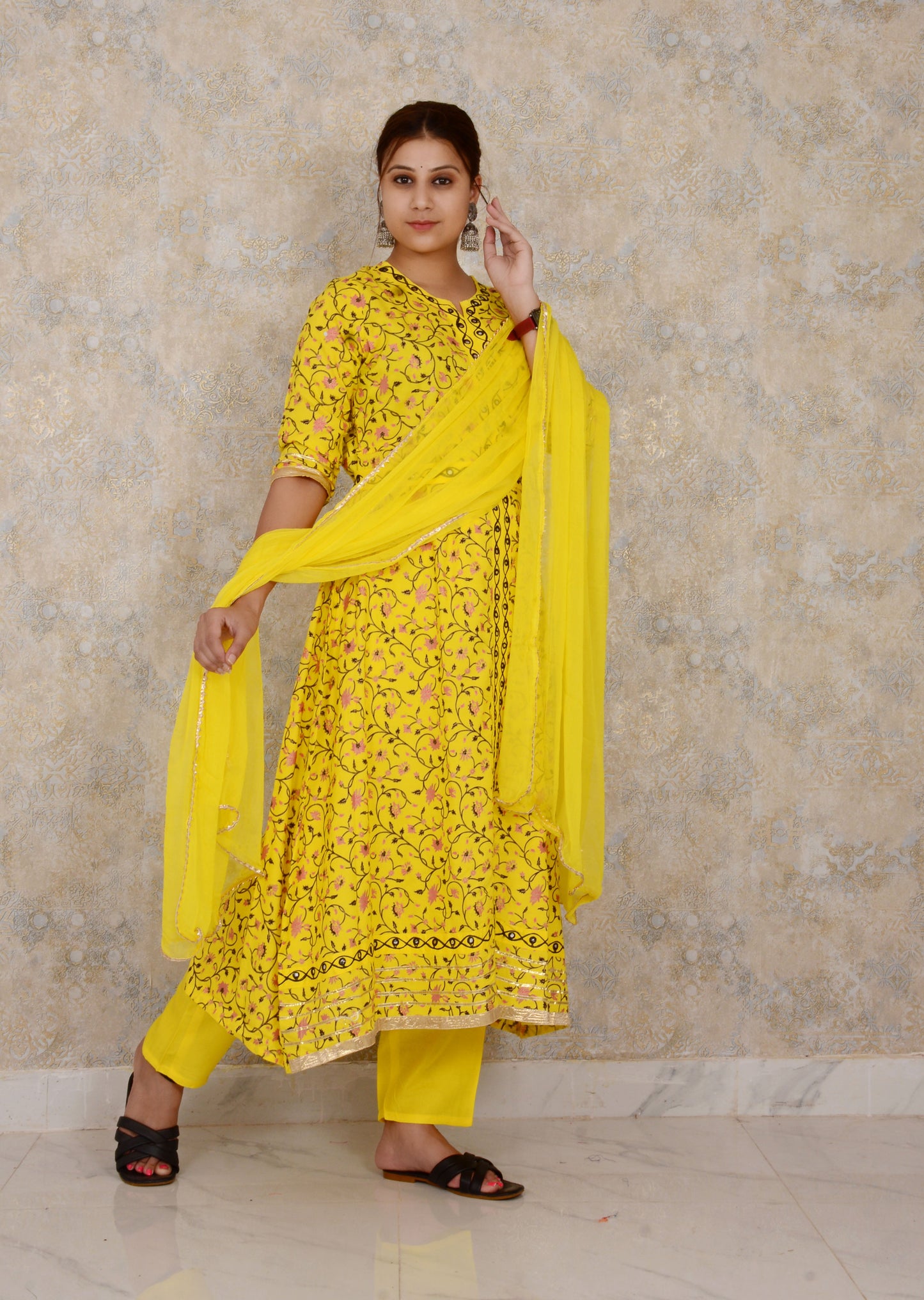 Yellow Embroidery Work Rayon Anarkali Kurti And Pant With Chiffon Dupatta Set