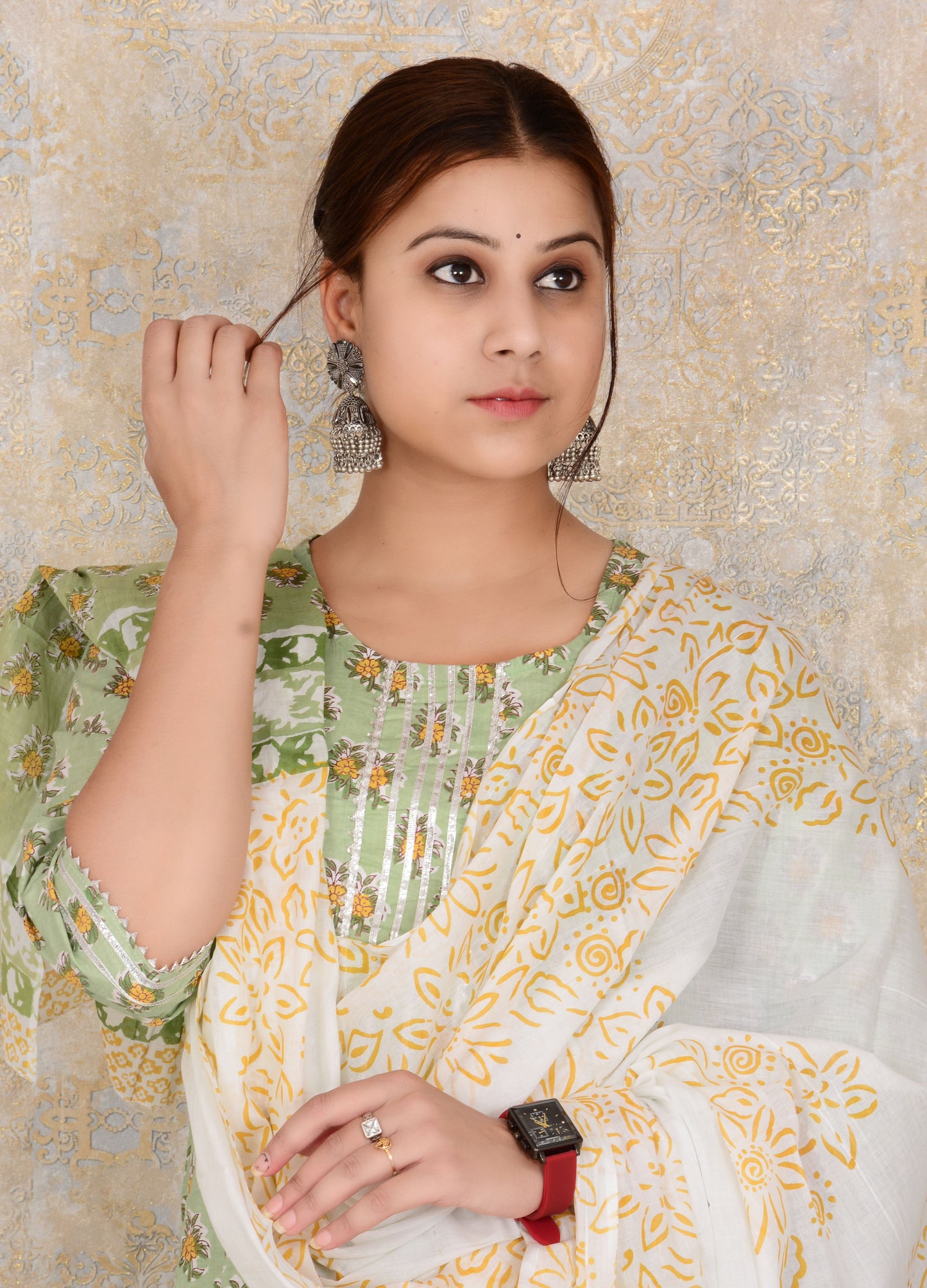 Green Printed Cotton Straight Kurti And Pant with Cotton Dupatta Set