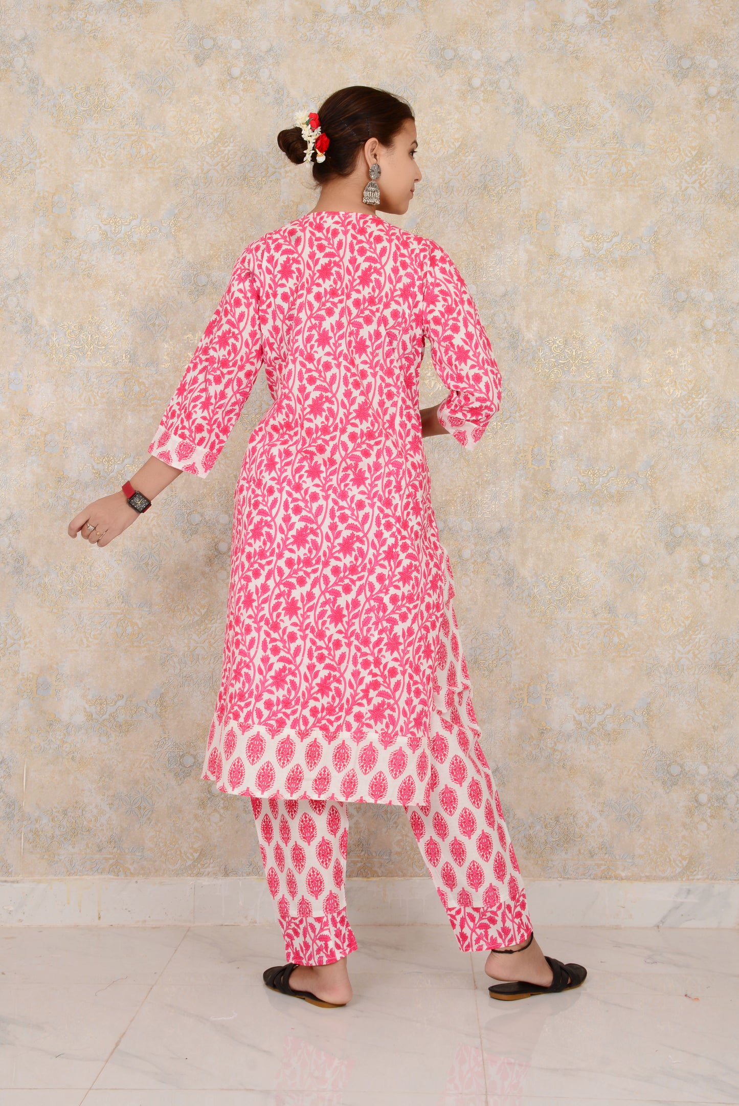 Pink Printed Cotton Embroidery Work Kurti And Pant Set