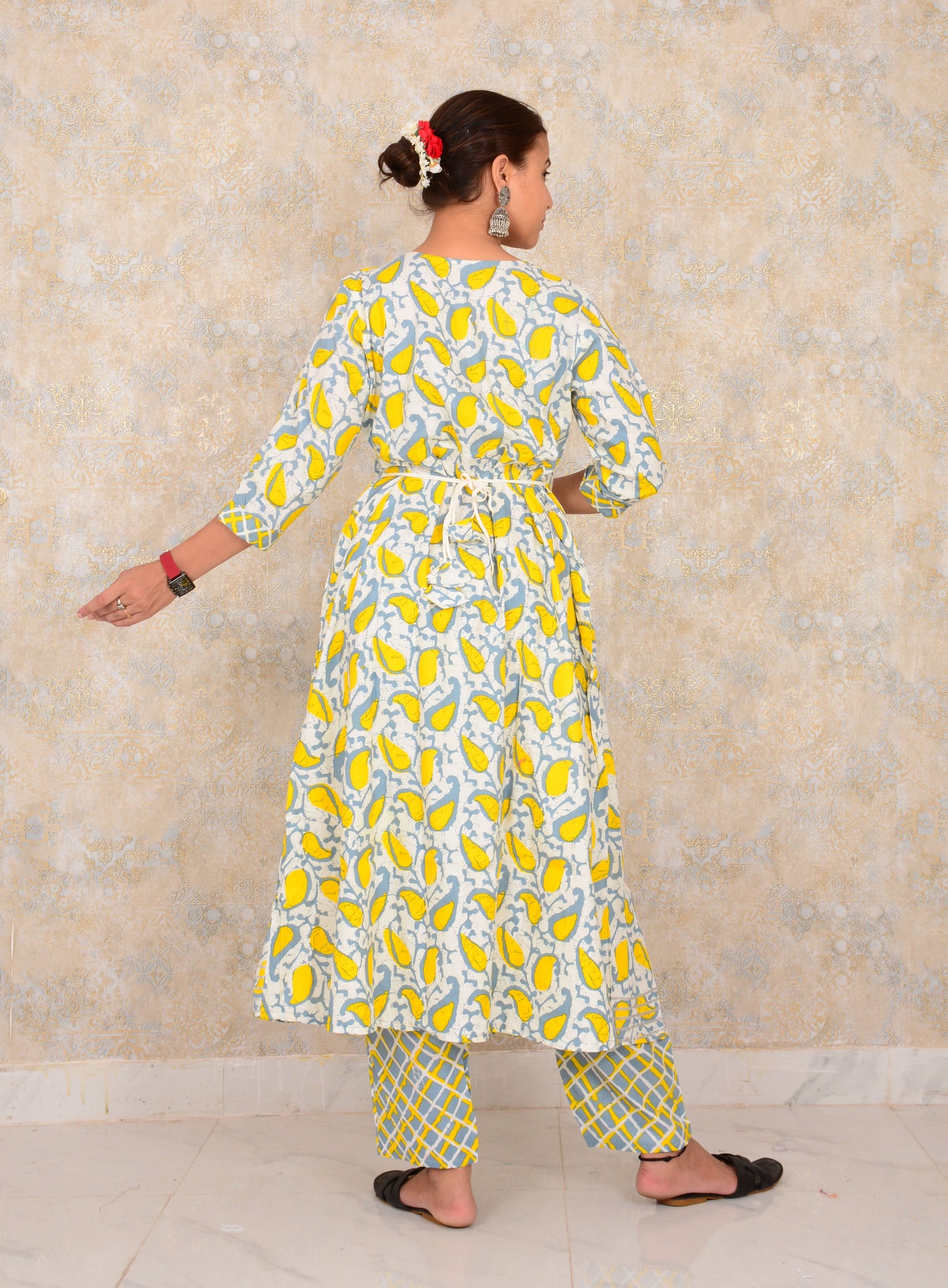 White & Yellow Printed Cotton Anarkali Embroidery Work Kurti And Pant Set