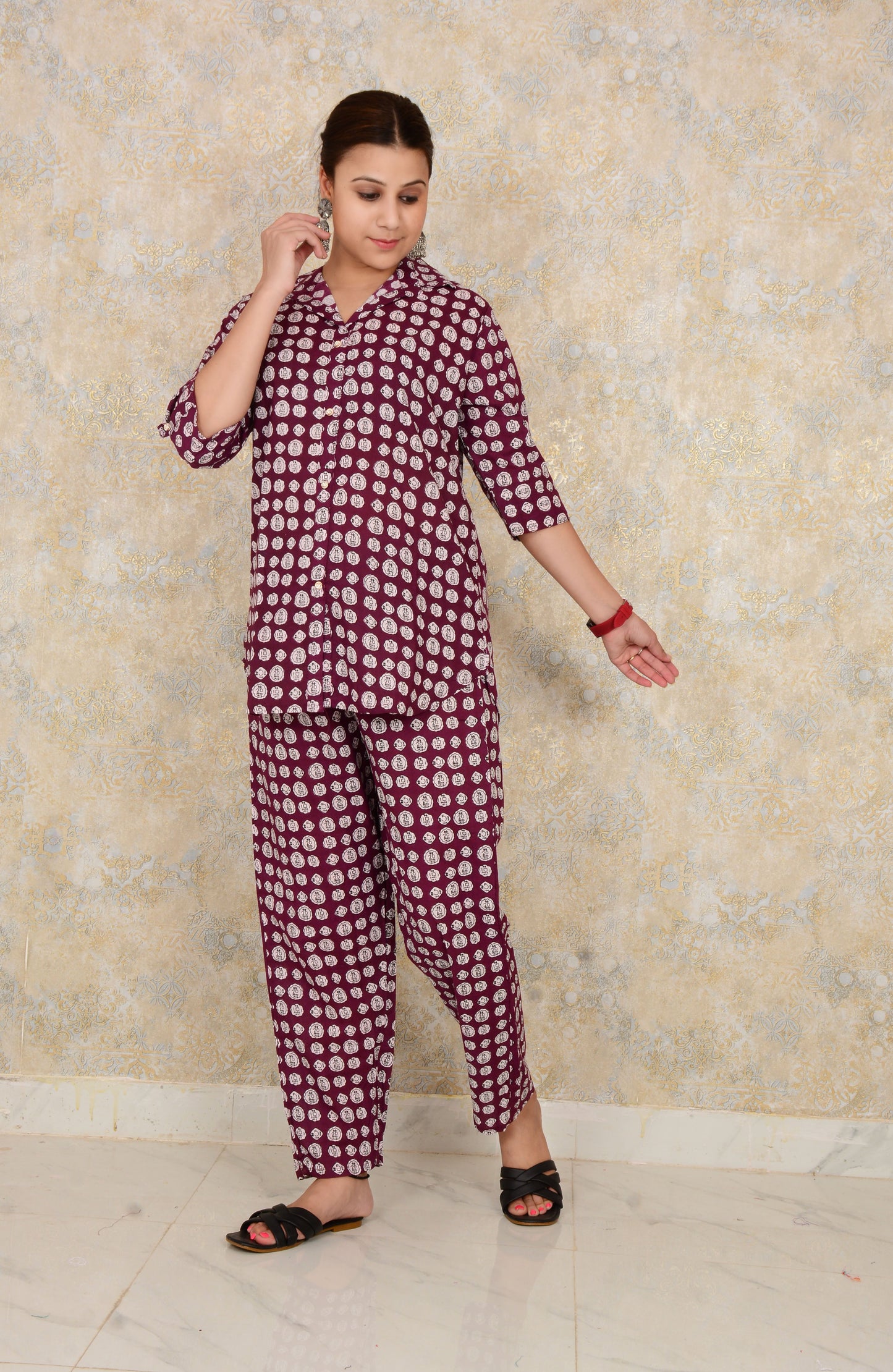 Maroon Cotton Printed A-line Kurti With Pant Set
