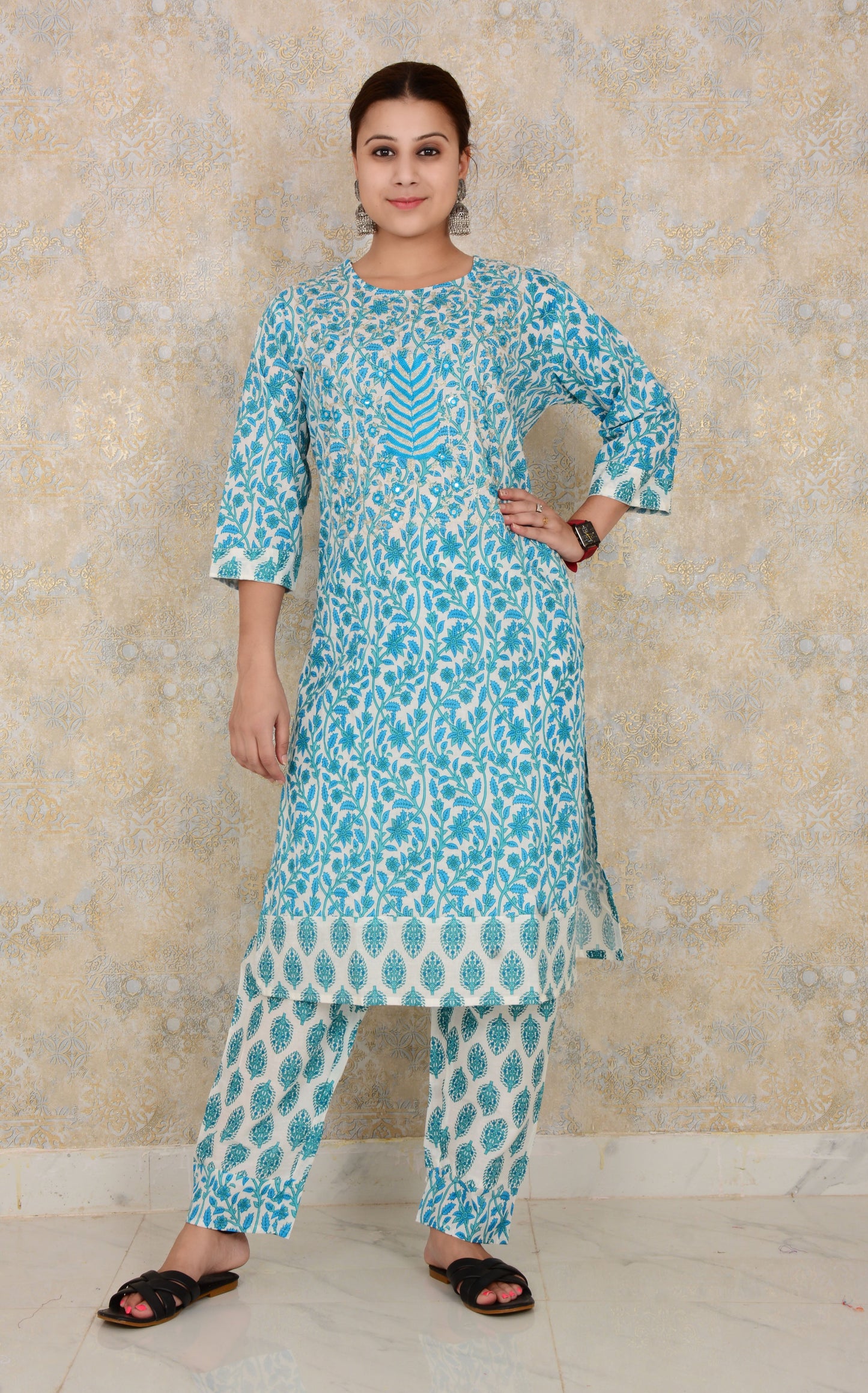 SkyBlue Cotton  Printed Embroidery Work Kurti And Pant Set