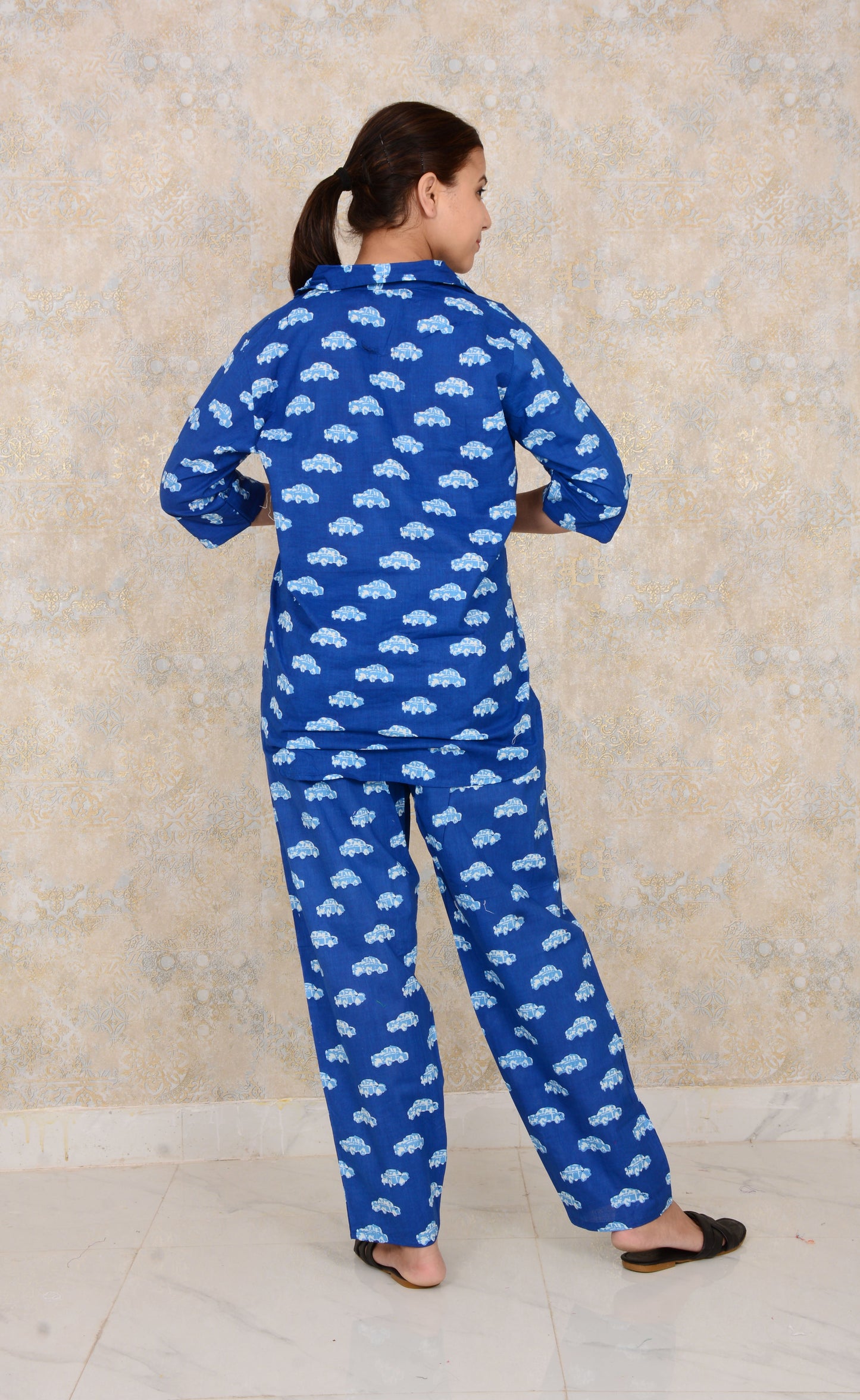 Blue Car Print Cotton A-line Kurti With Pant Set