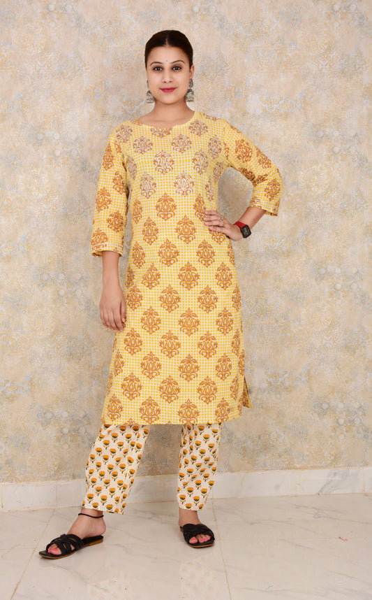 Yellow Printed Cotton Embroidery Work Straight Kurti And Pant Set