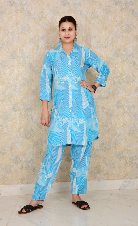 SkyBlue Rayon Printed Straight Kurti And Pant Set